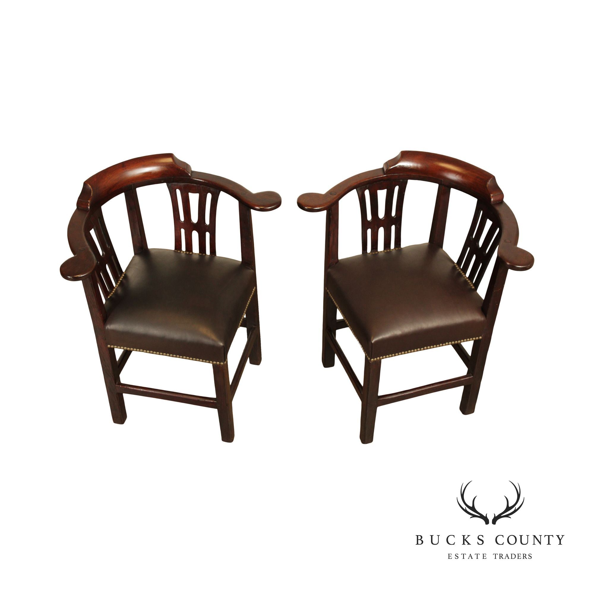 Antique 18th Century English Chippendale Style Pair of Mahogany and Leather Corner Chairs