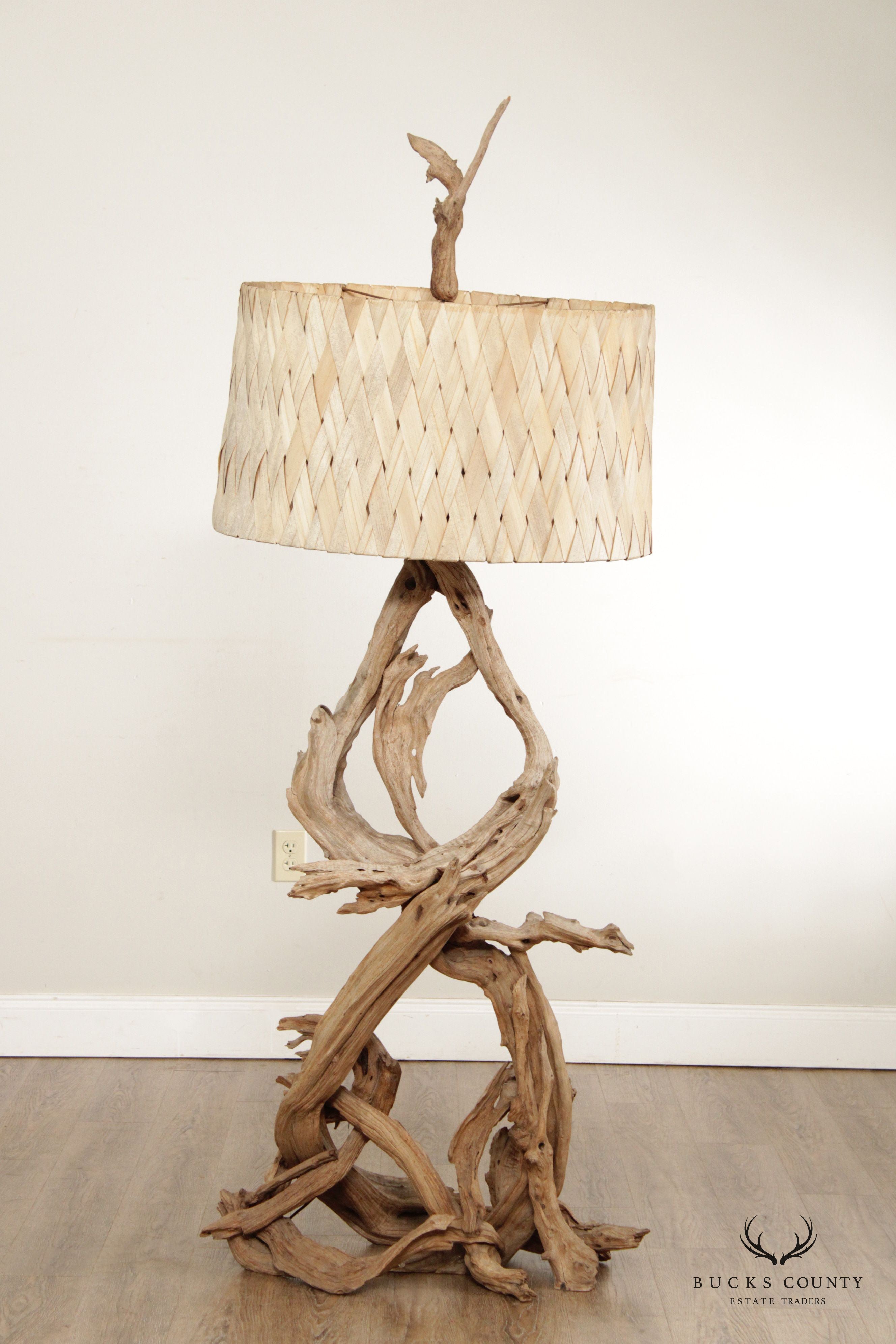 Mid Century Modern Driftwood Floor Lamp with Woven Shade