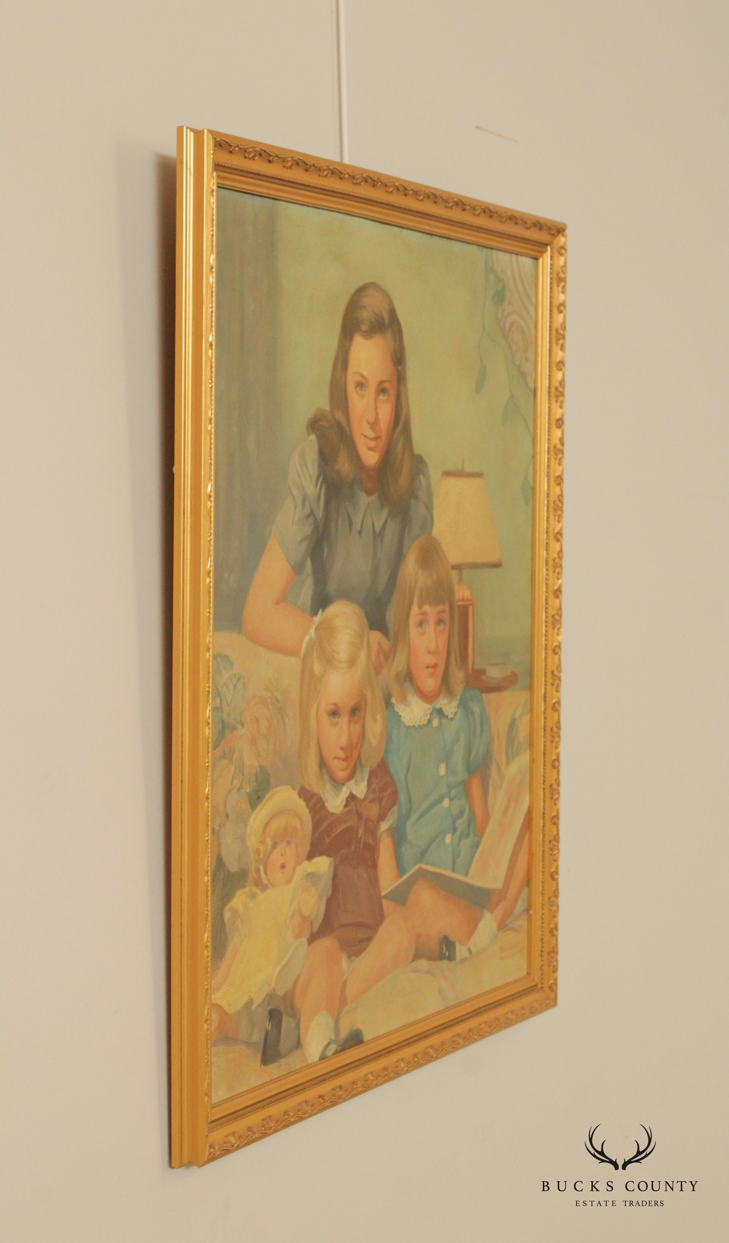 American 1940s Family Portrait Original Oil Painting, by Frederic Anderson