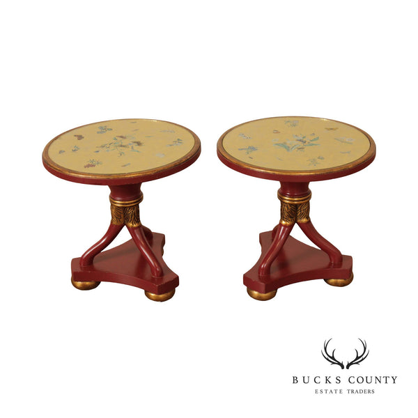 French Empire Style Pair of Painted Wood Round Eglomise Glass Top Side Tables