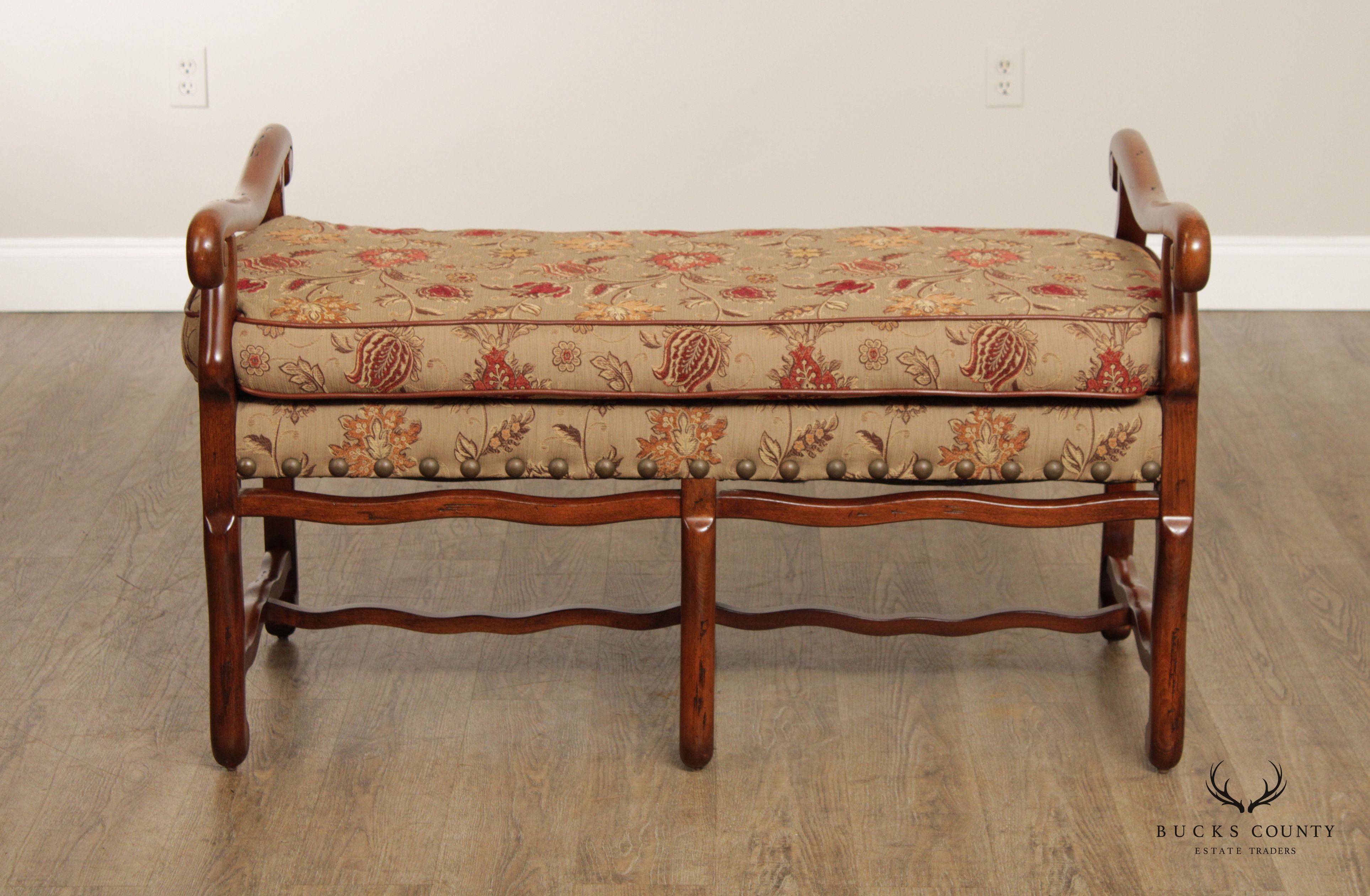 French Louis XIII Style Custom Upholstered Six Leg Window Bench