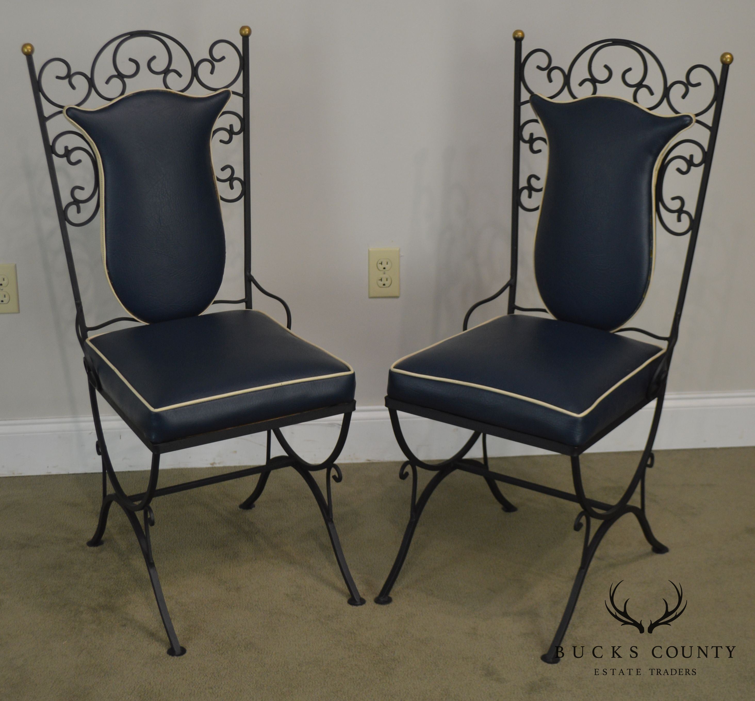 1950's Vintage Scrolled Wrought Iron & Vinyl Pair Side Chairs