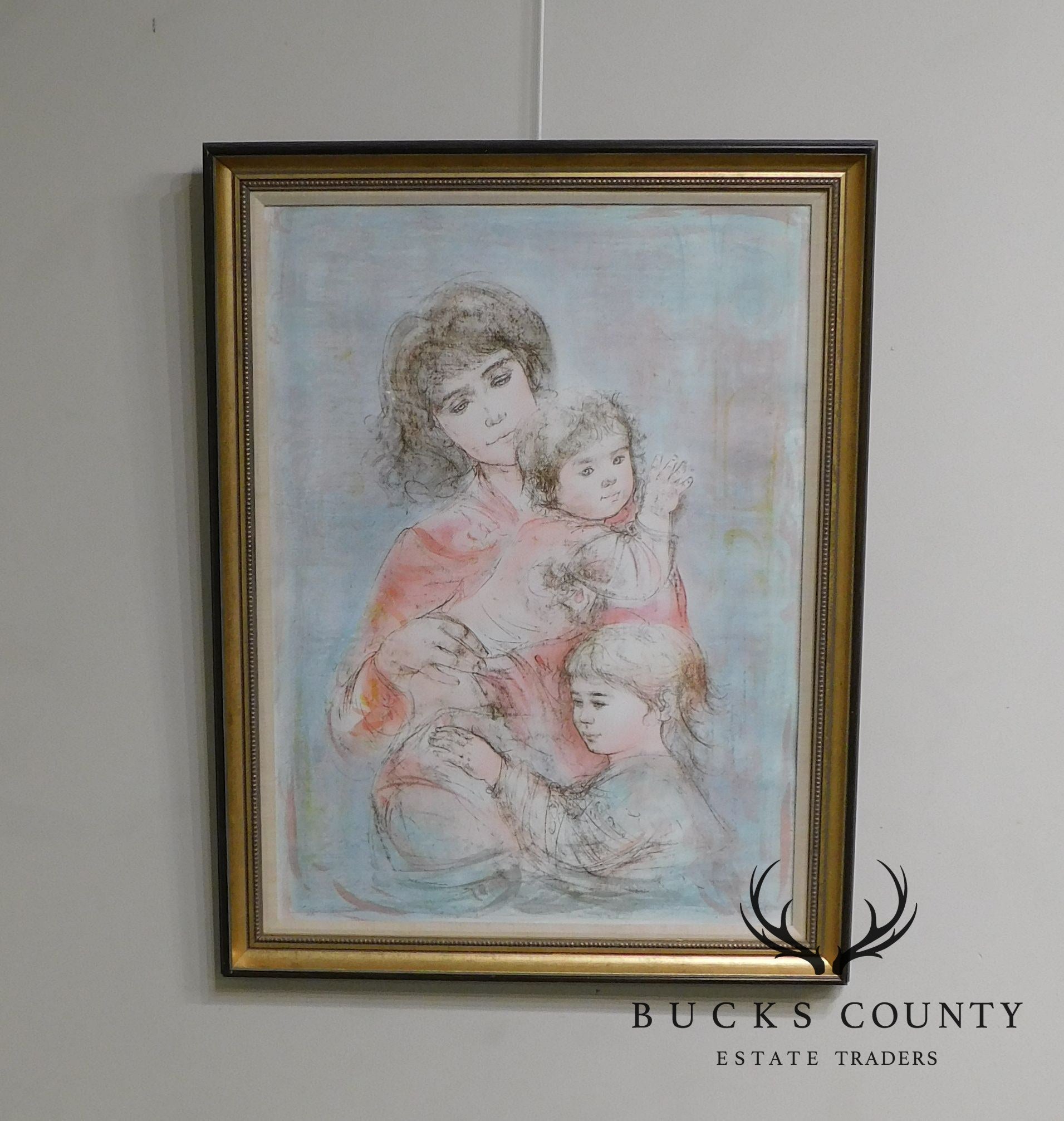 Edna Hibel Signed Framed Limited Edition Color Lithograph "Mother and Two Children" # 155/295