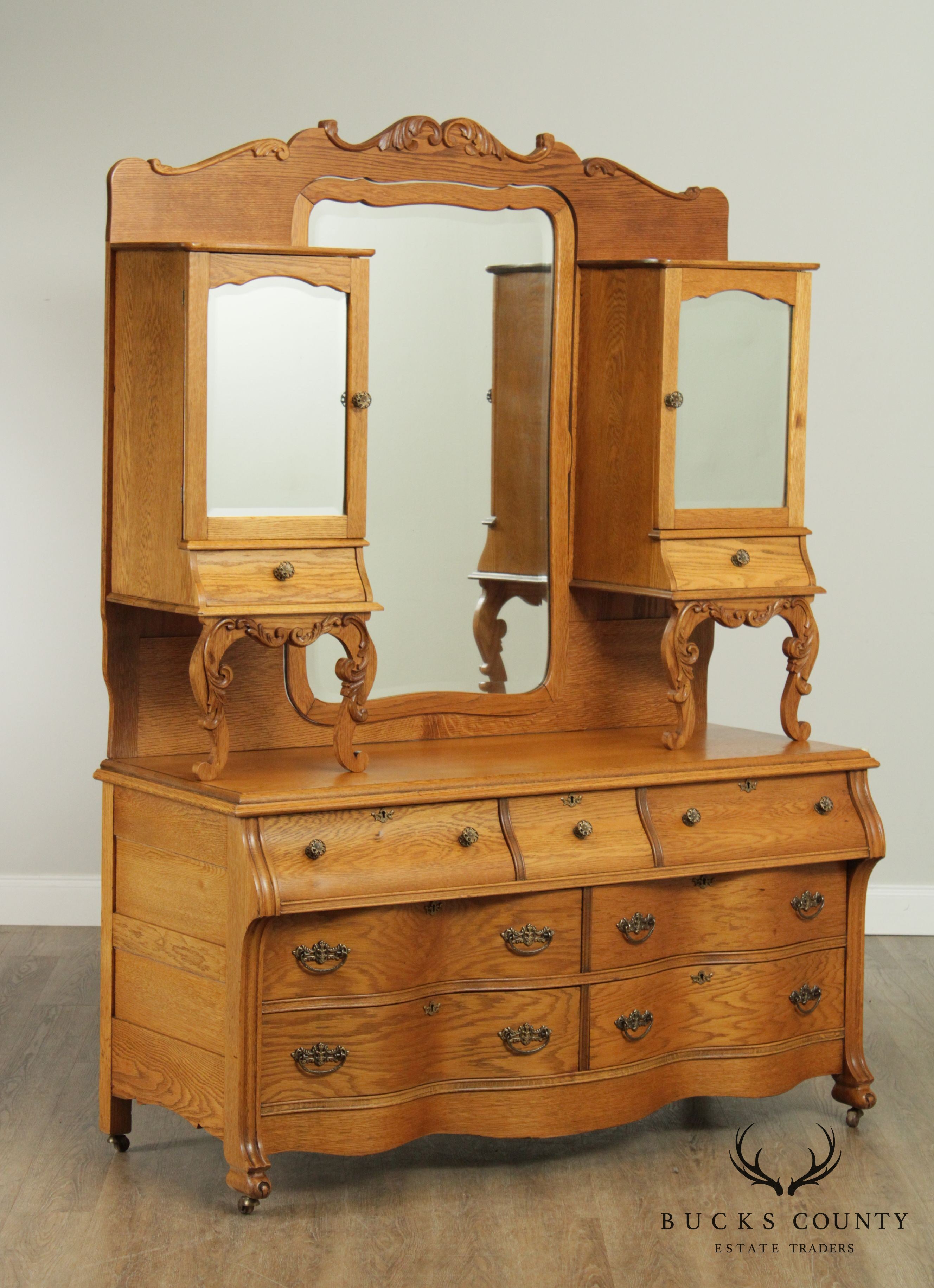 Antique Victorian Oak Unusual Double Dresser, Mirror Back