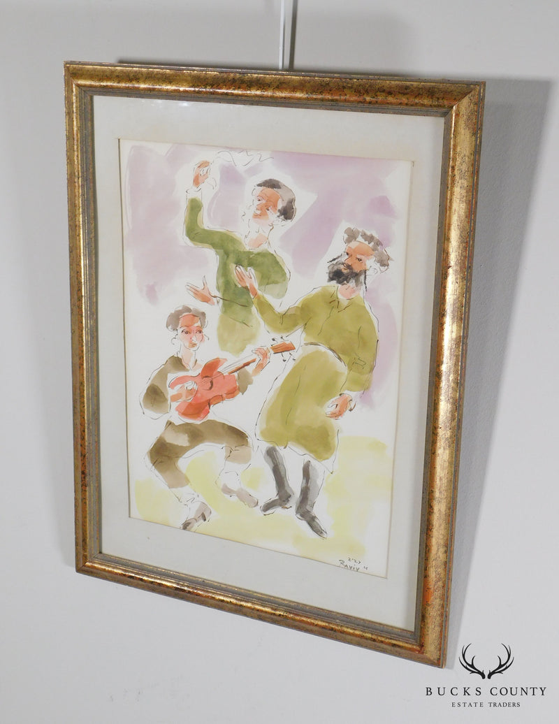 Moshe Raviv "Dancing Hasidim" Original Watercolor on Paper Signed