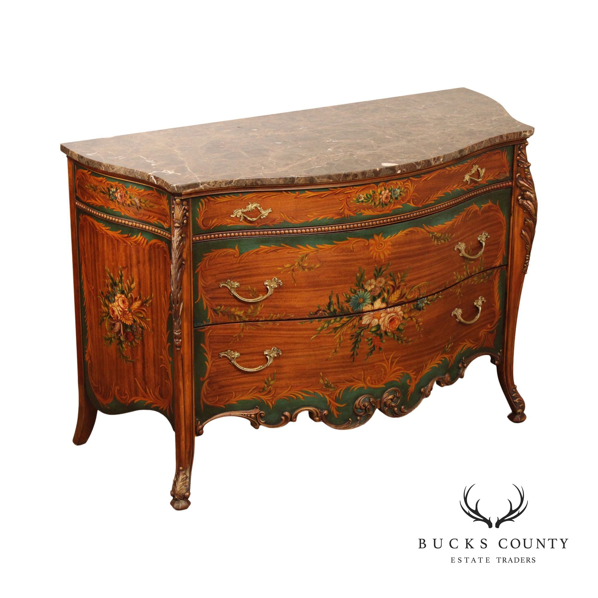 French Louis XV Style Paint Decorated Marble Top Commode