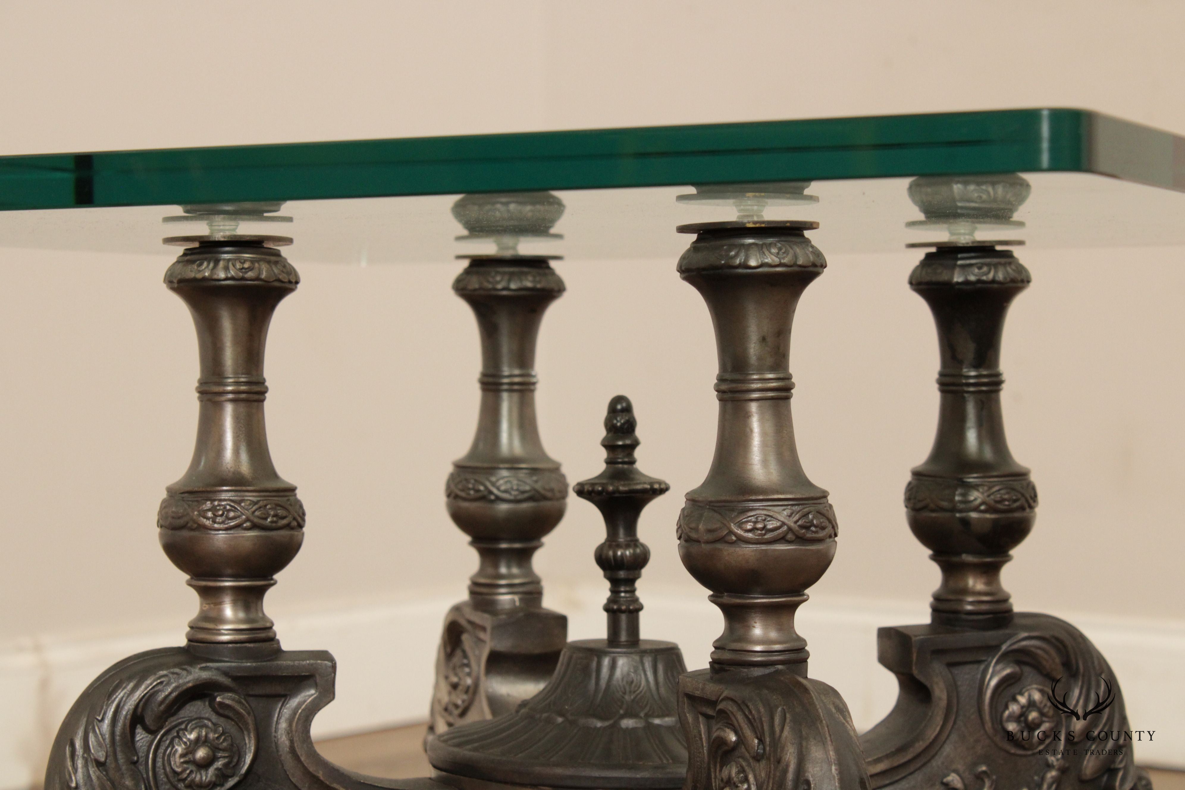 Victorian Style Pair of Cast Metal Glass-Top Coffee Tables