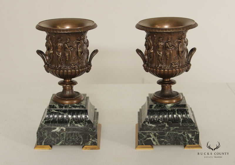 Classical Style Pair of Patinated Bronze and Marble Urns