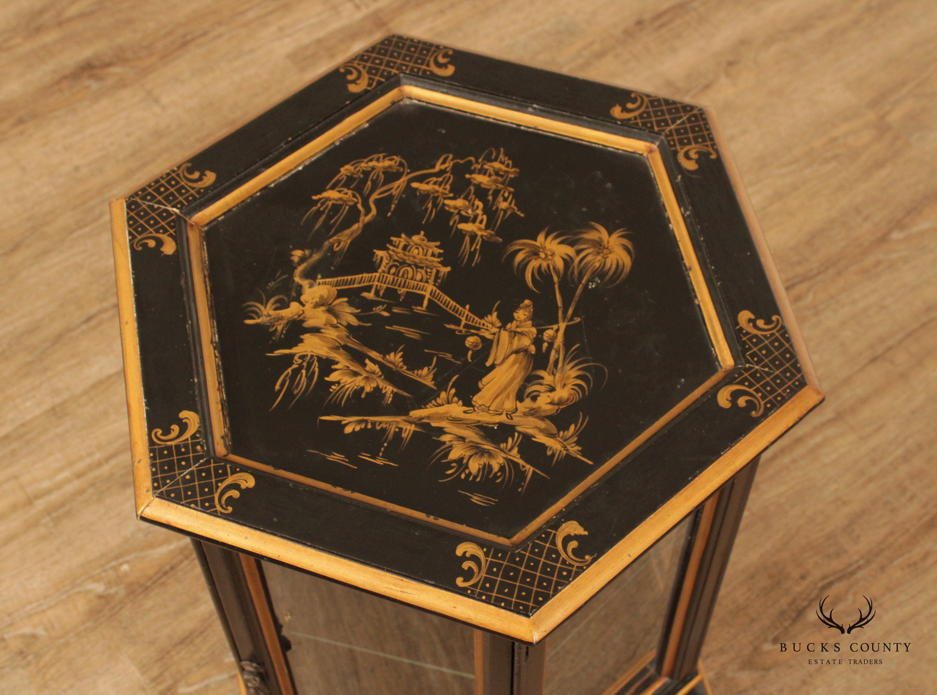 Chinoiserie Decorated Black and Gold Vitrine Side Table