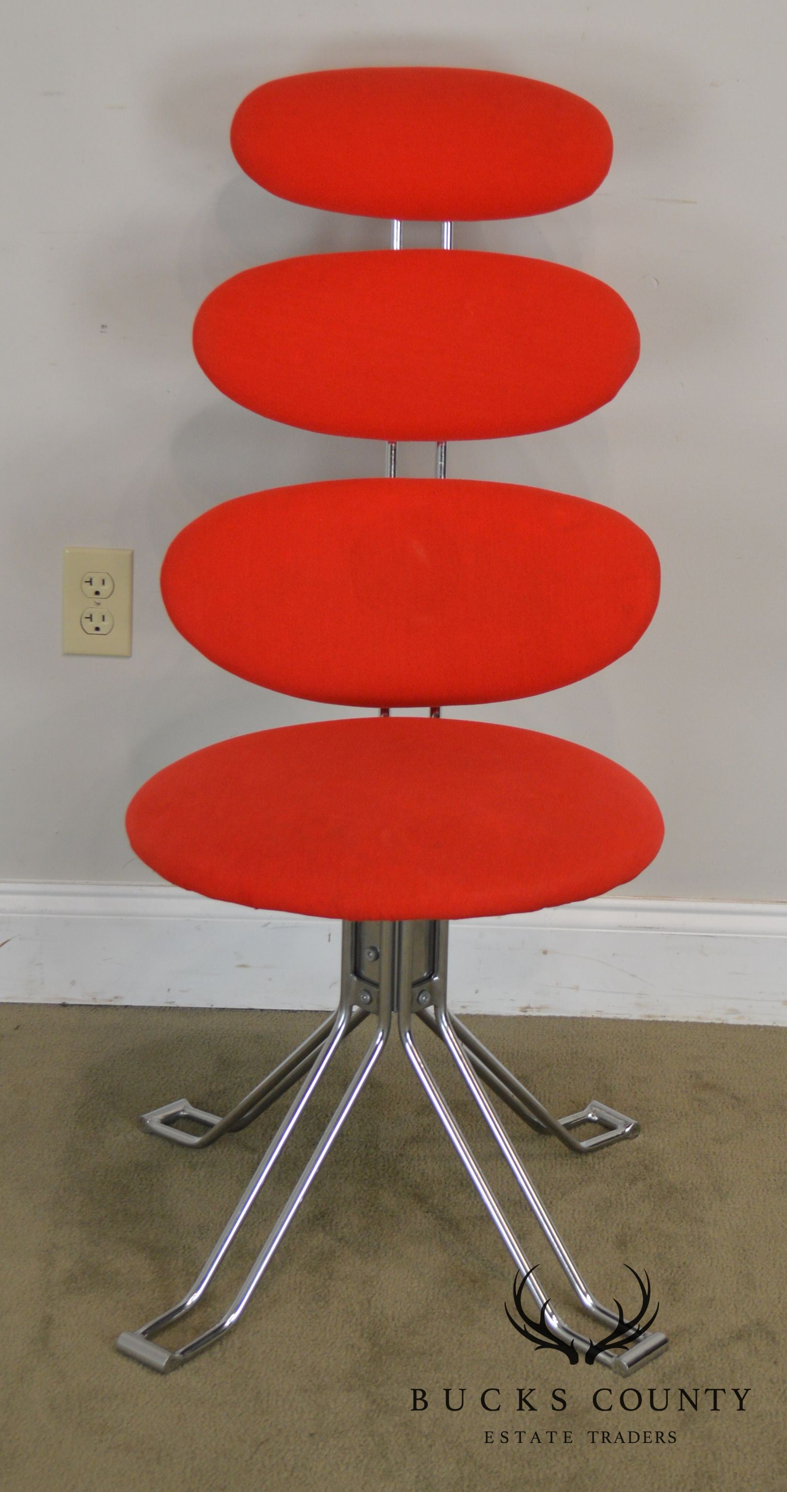 Mid Century Modern Corona Chair Chrome & Red Upholstery After Poul Volther