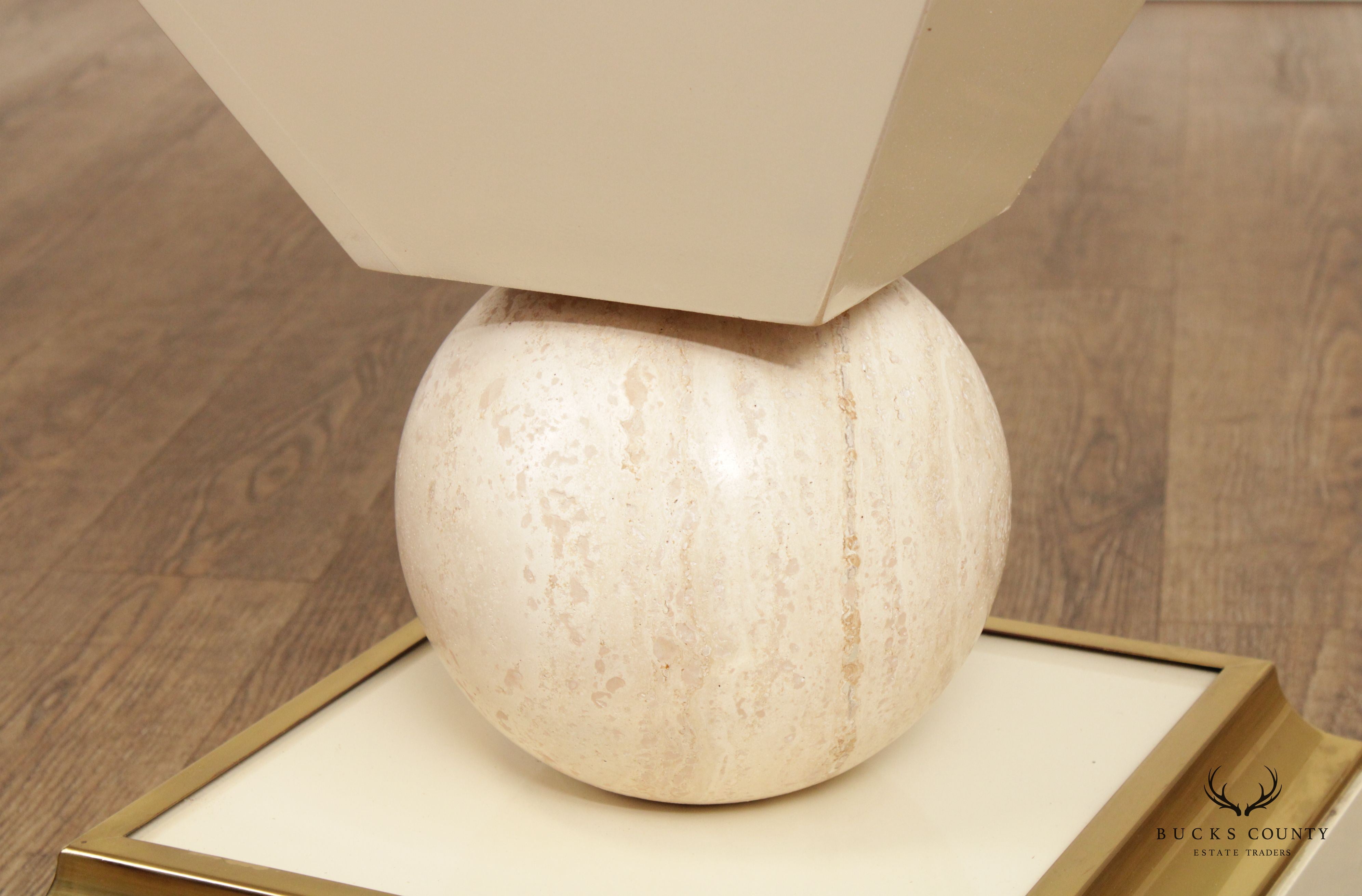 Post Modern Lacquered Pedestal Stand With Travertine Sphere