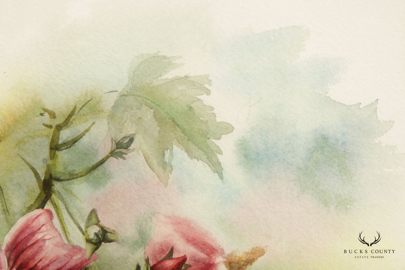 Denise Lahr 'Rosa Californica' Floral Watercolor Painting, Custom Framed