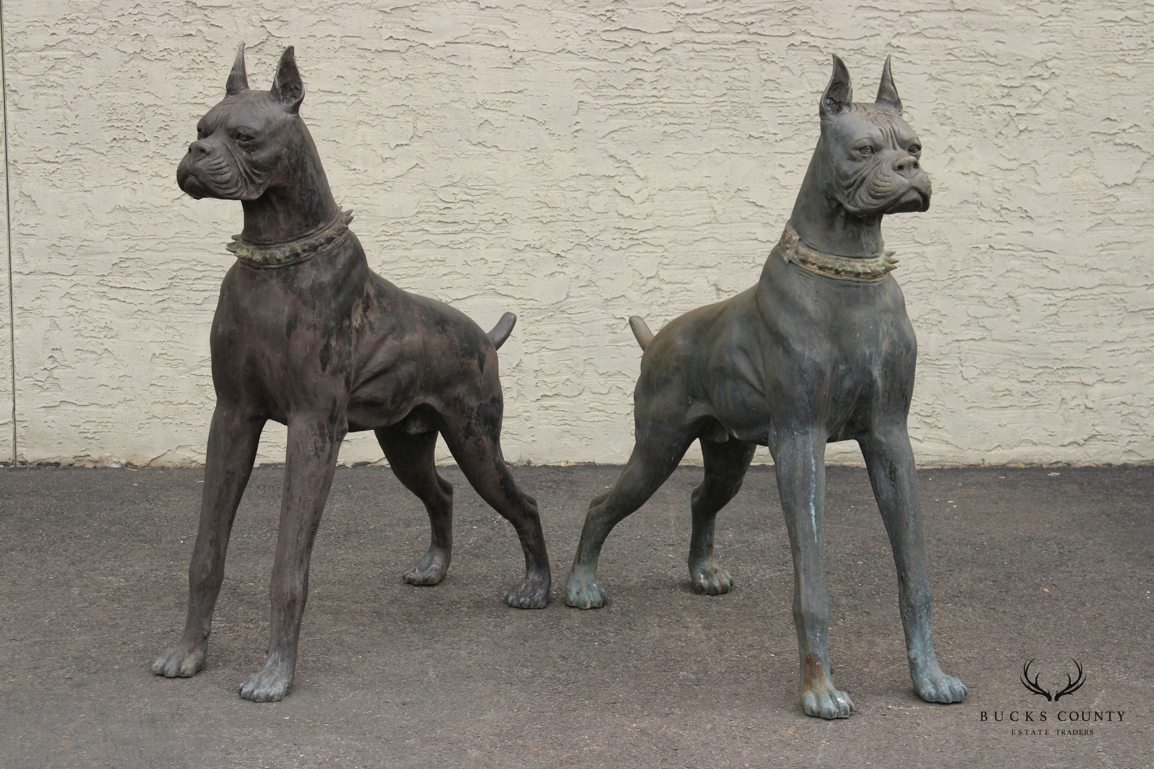 Large Pair of Patinated Bronze Boxer Dogs Garden Statues