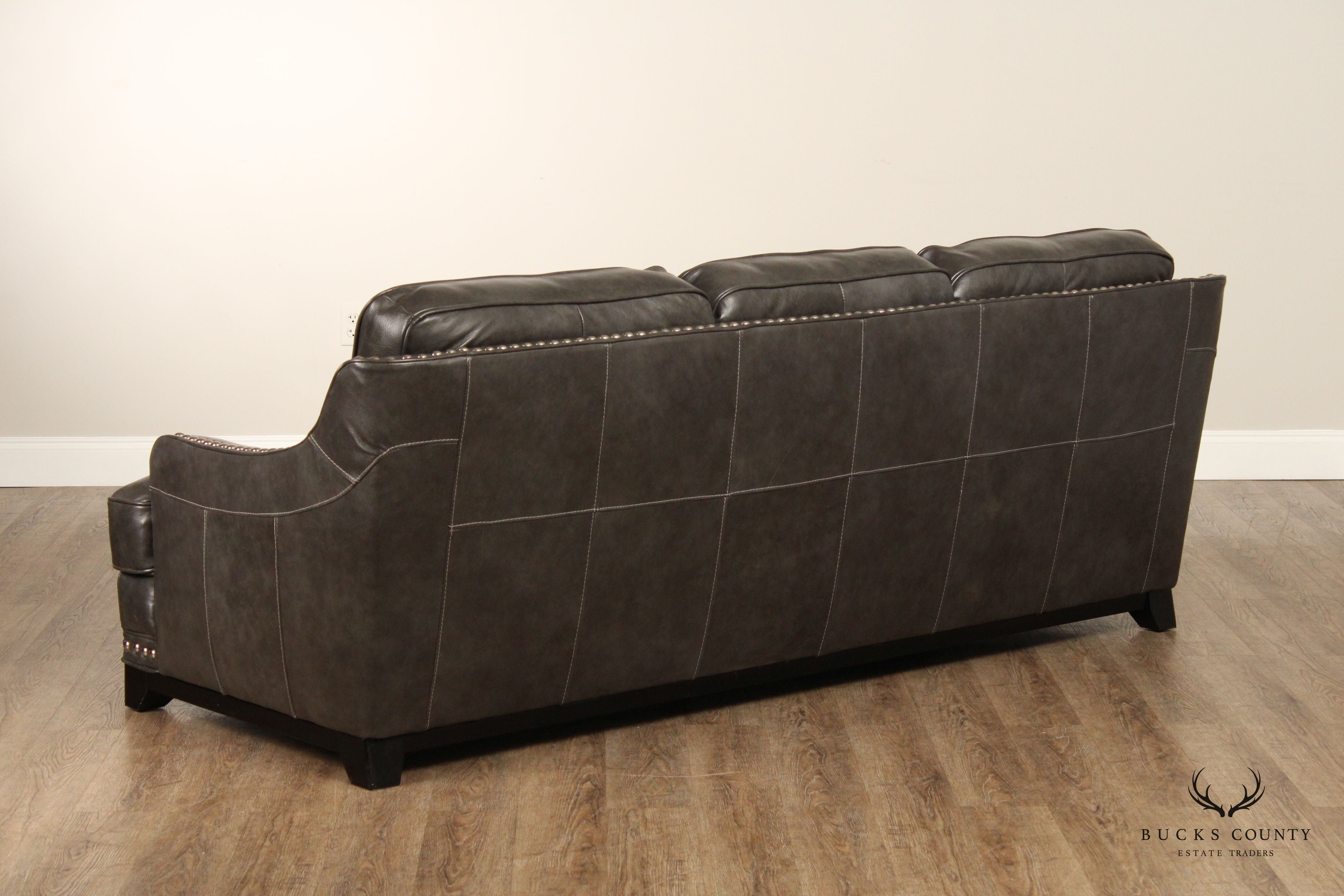 Quality Grey Leather Three Seat Nailhead Sofa