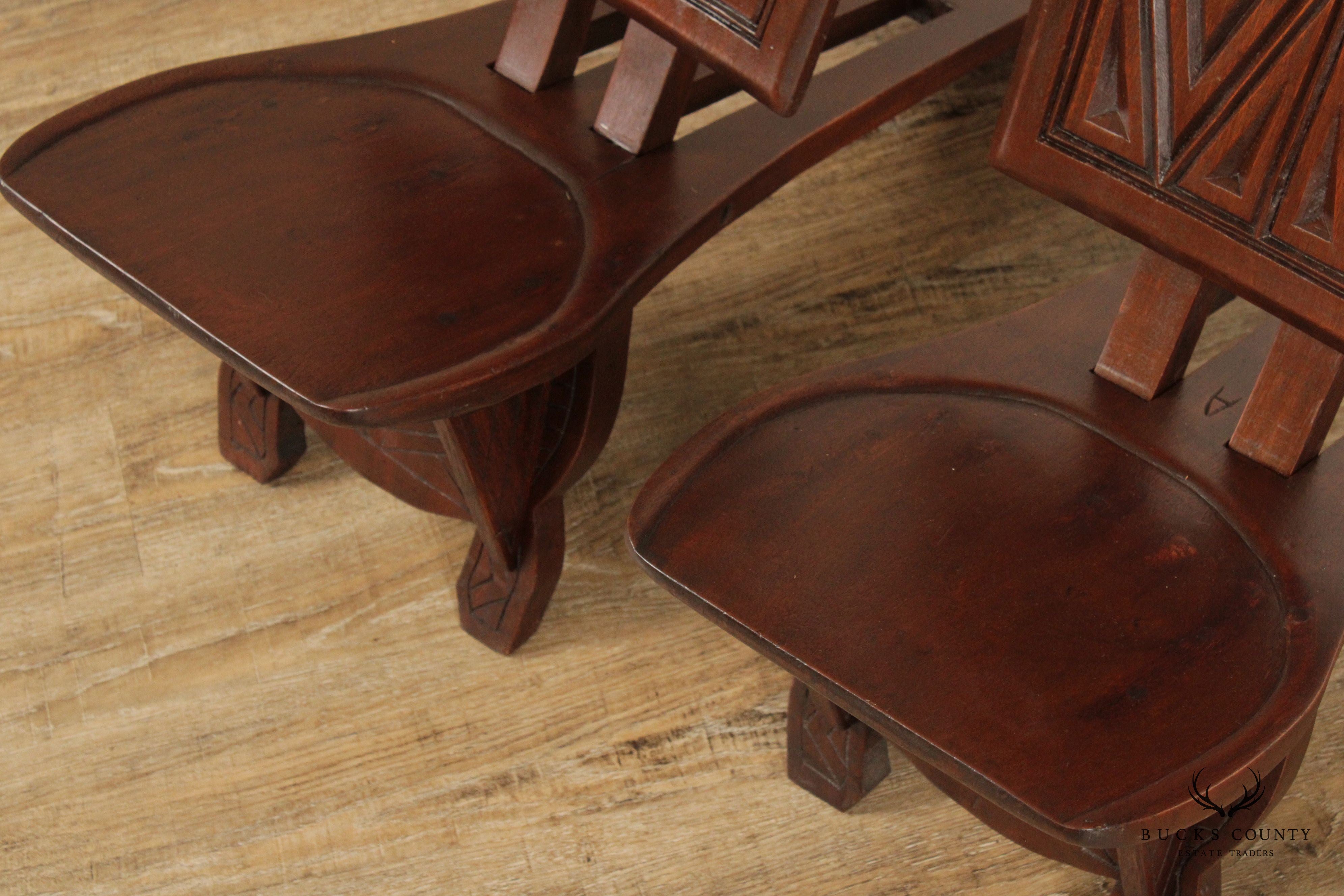 African Traditional Ceremonial Pair Mahogany Carved Folding Chairs