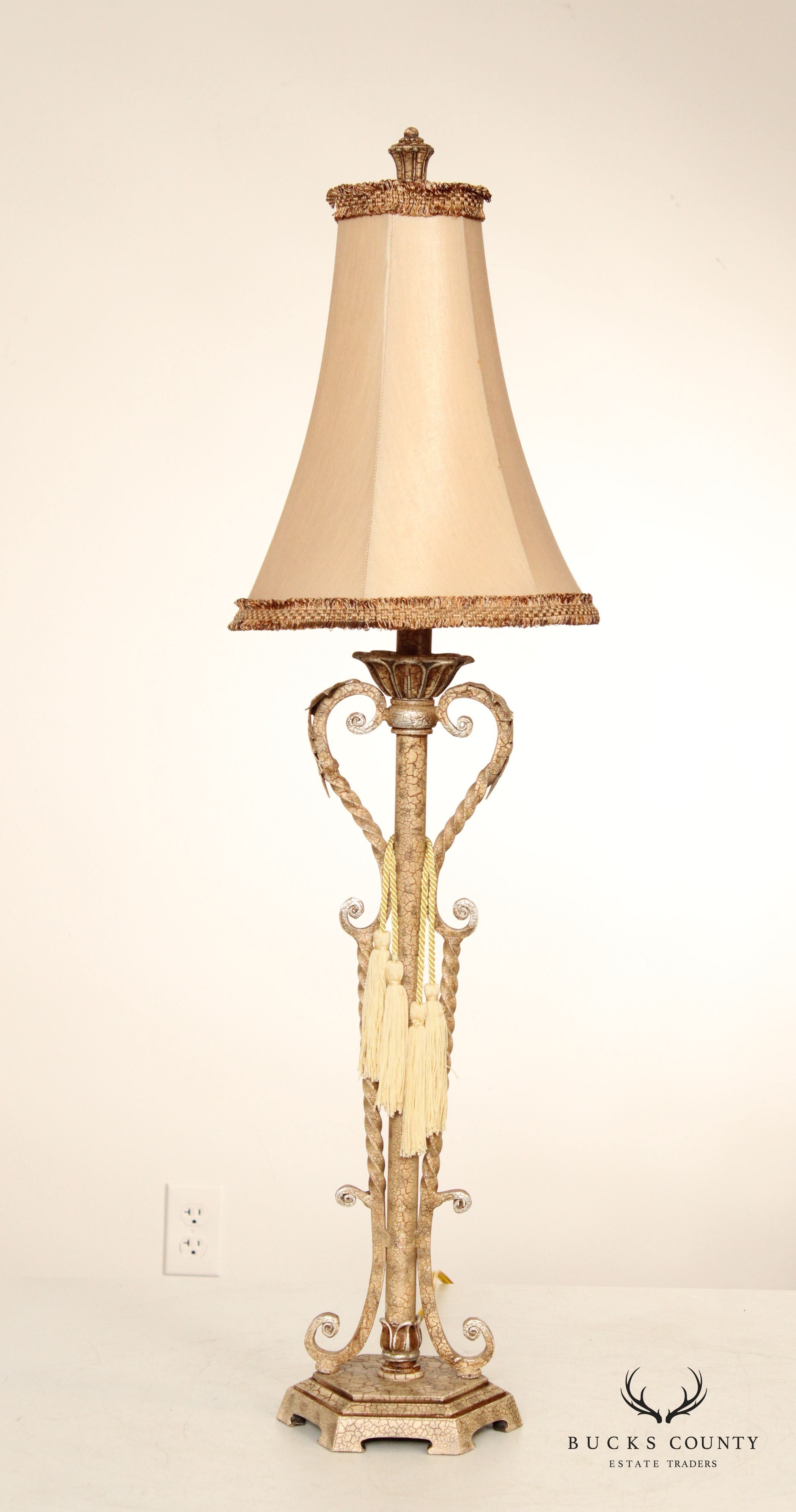 Distressed Painted Finish Pair Wrought Iron Table Lamps