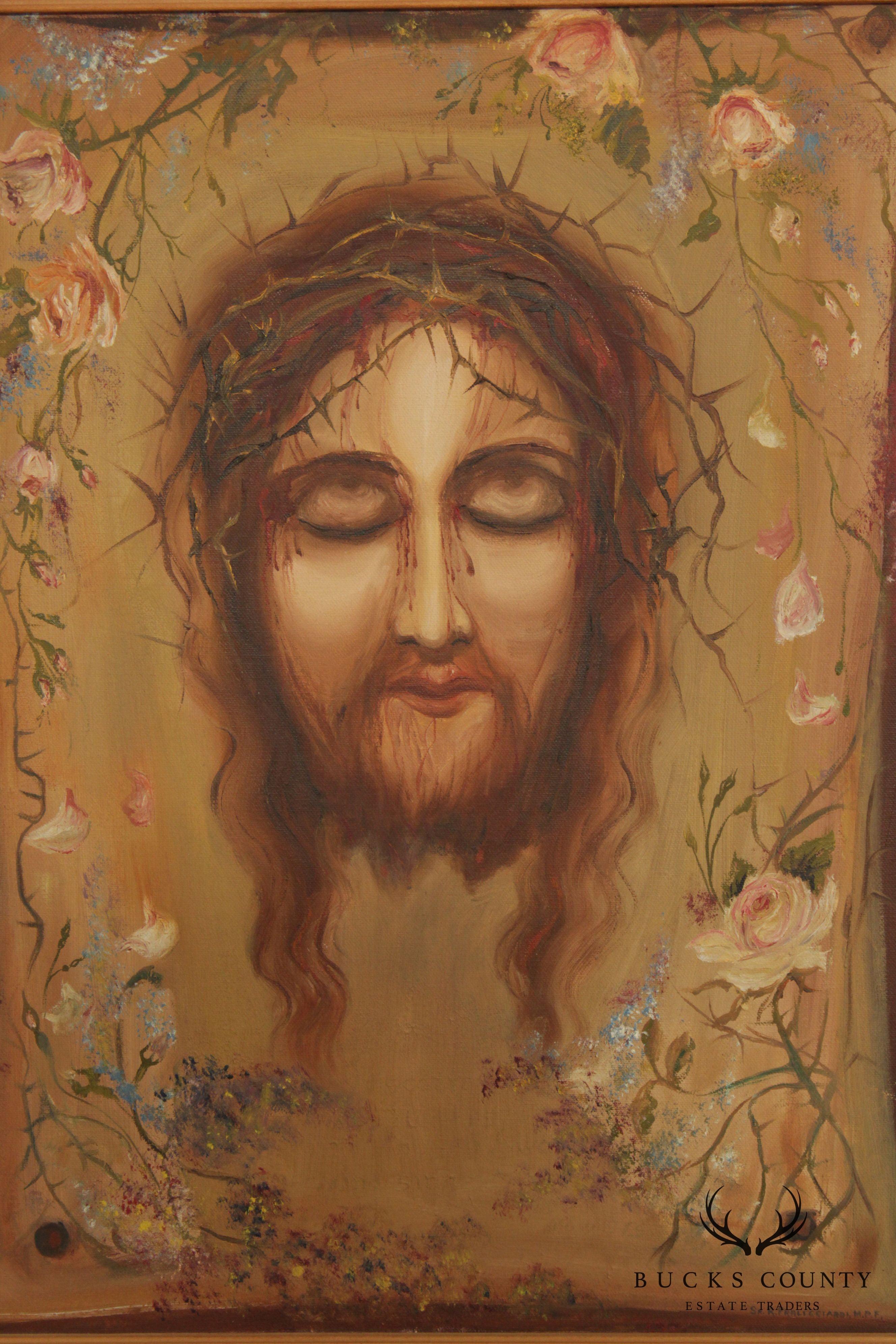 Vintage Portrait of Jesus Oil Painting, Signed