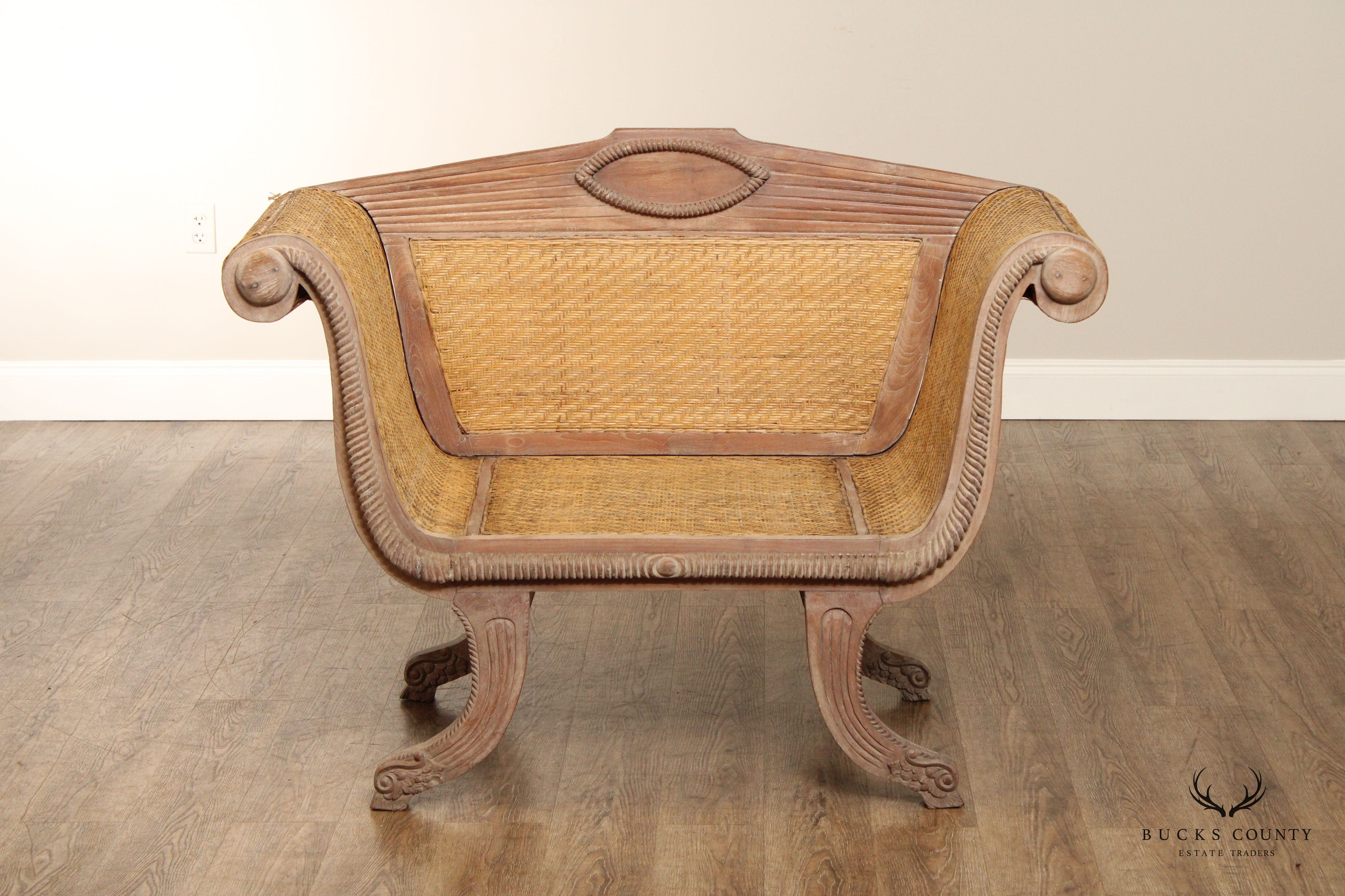 British Colonial Style Teak and Wicker Settee