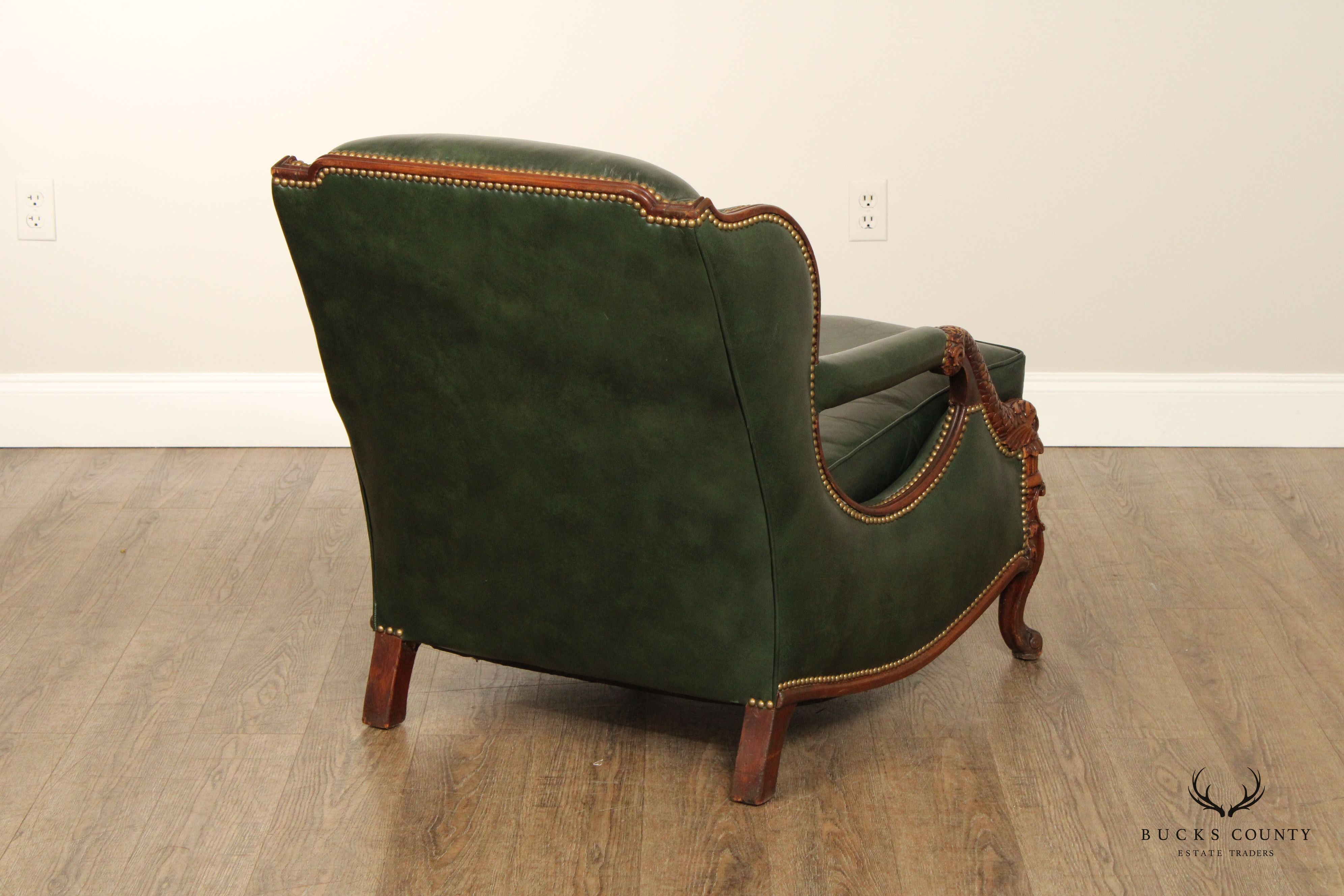 1930's French Regency Style Carved Mahogany and Leather Lounge Chair