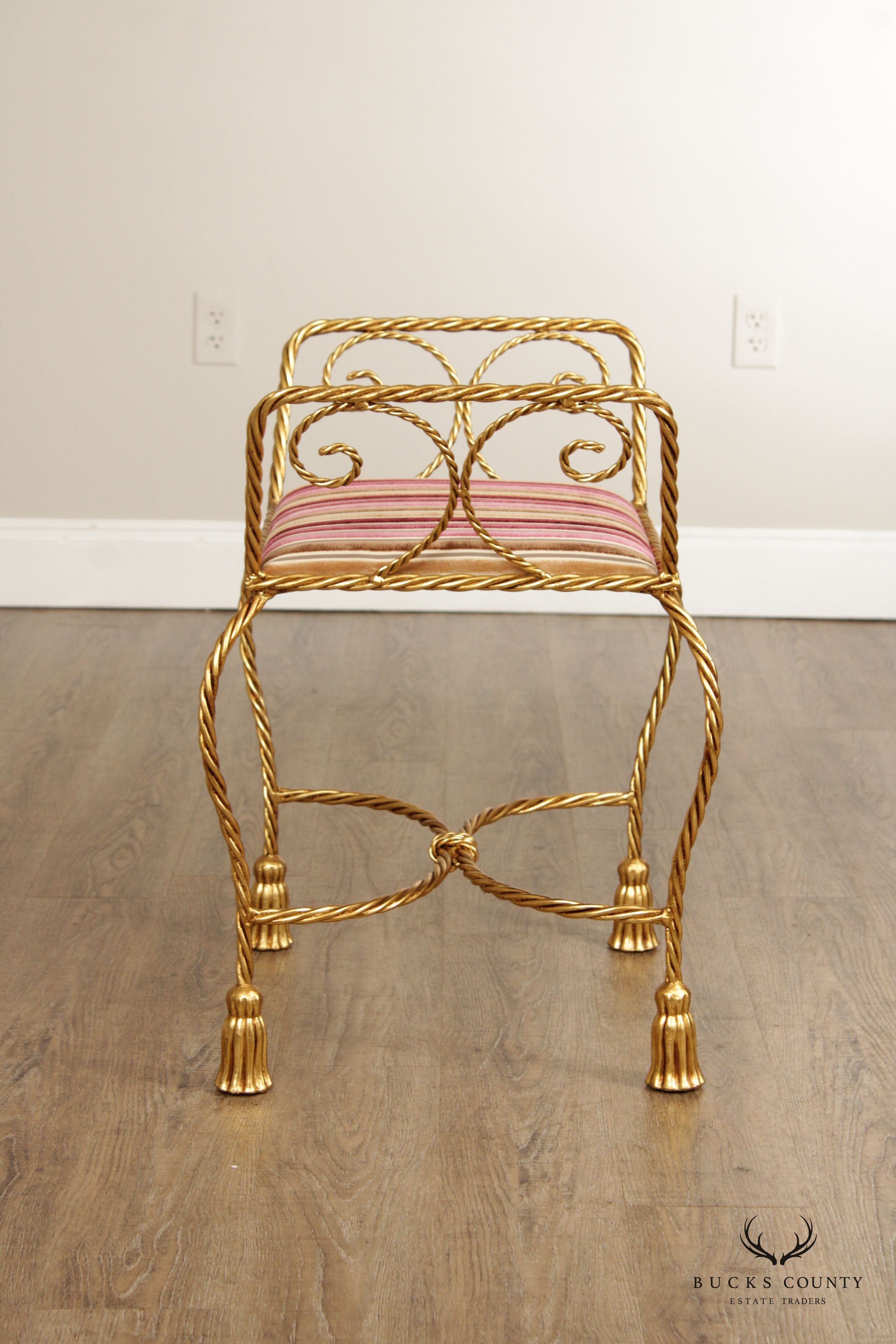 Italian Hollywood Regency Pair of Gilt Metal Rope Twist Benches