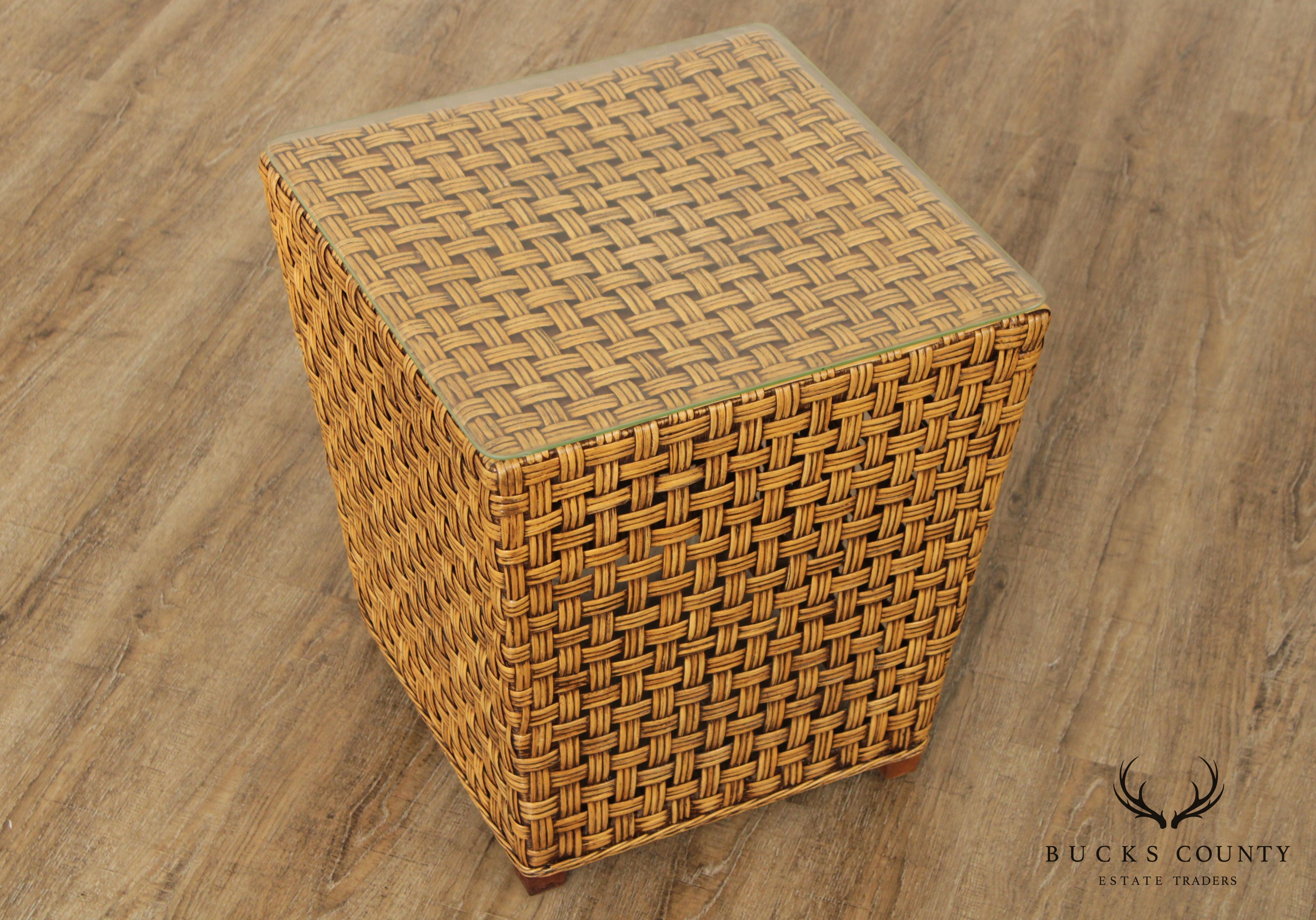 Vintage Woven Wicker Square Glass Top Side Table