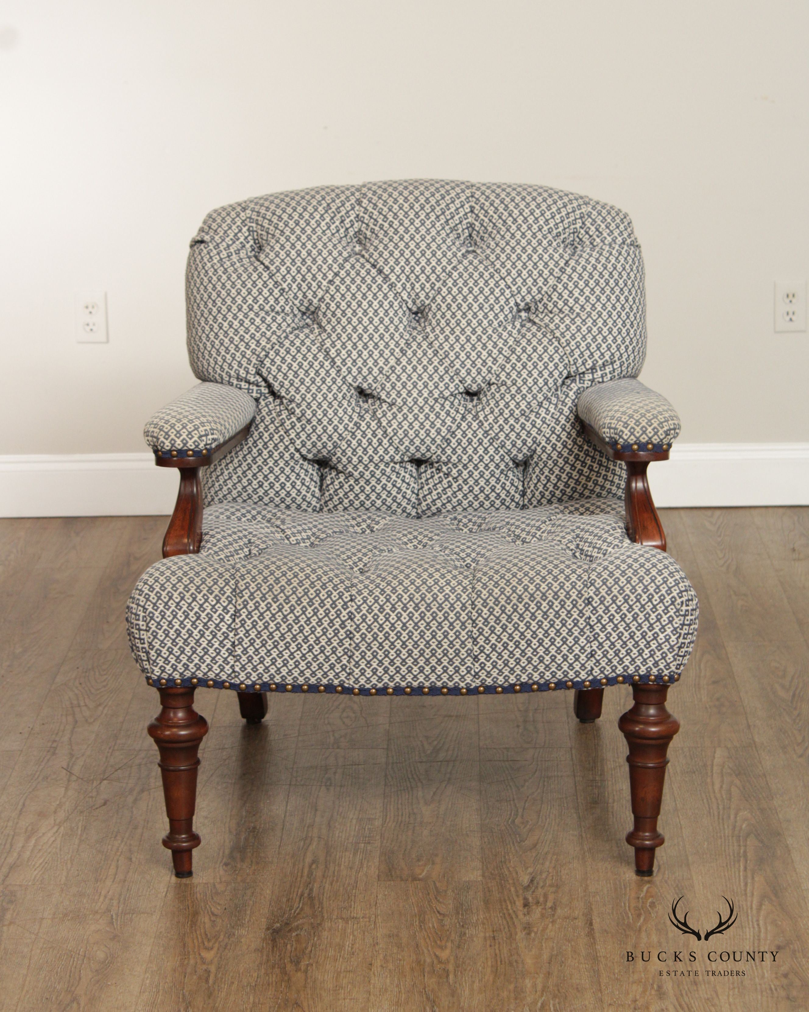 English Traditional Style Pair Of Mahogany Tufted Lounge Chairs