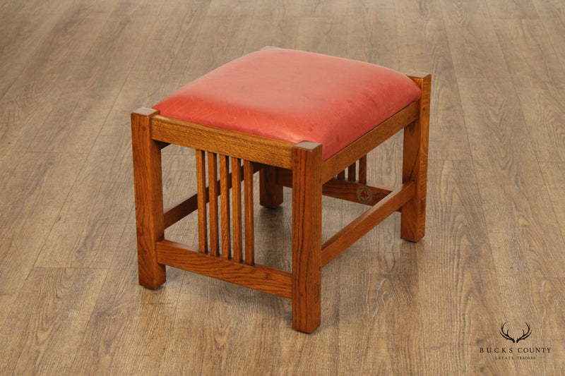 STICKLEY MISSION STYLE OAK AND LEATHER SPINDLE FOOTSTOOL OTTOMAN