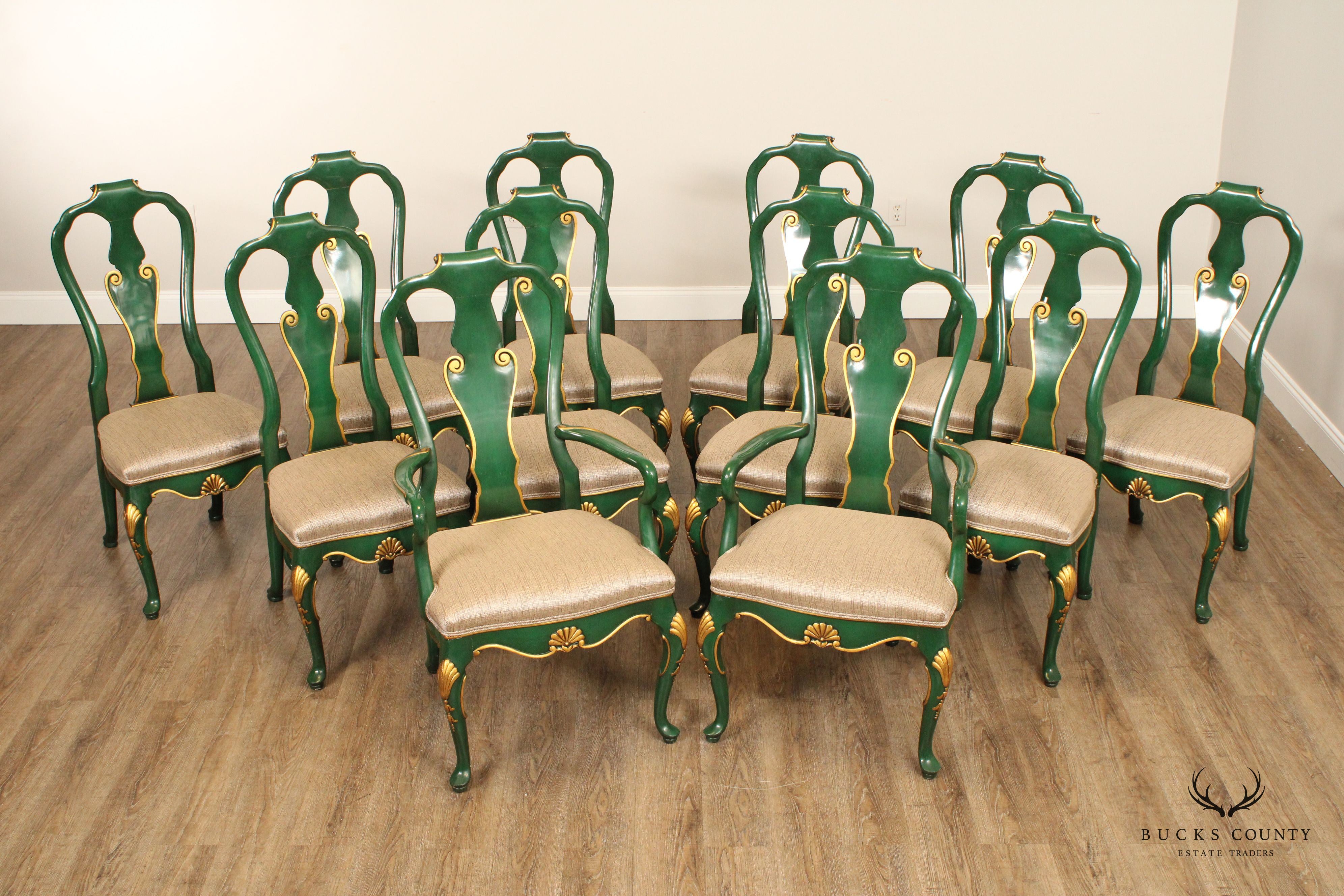 KARGES ROCOCO STYLE GREEN AND GOLD SET OF 12 DINING CHAIRS