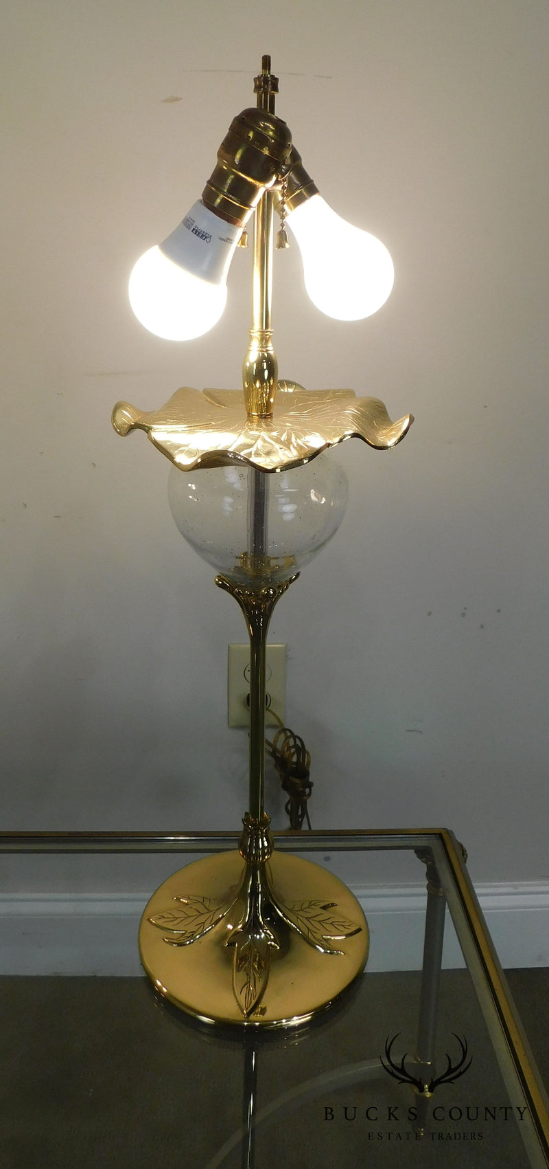 Vintage Pair of Quoizel Brass and Glass Foliate Table Lamps W/Shades