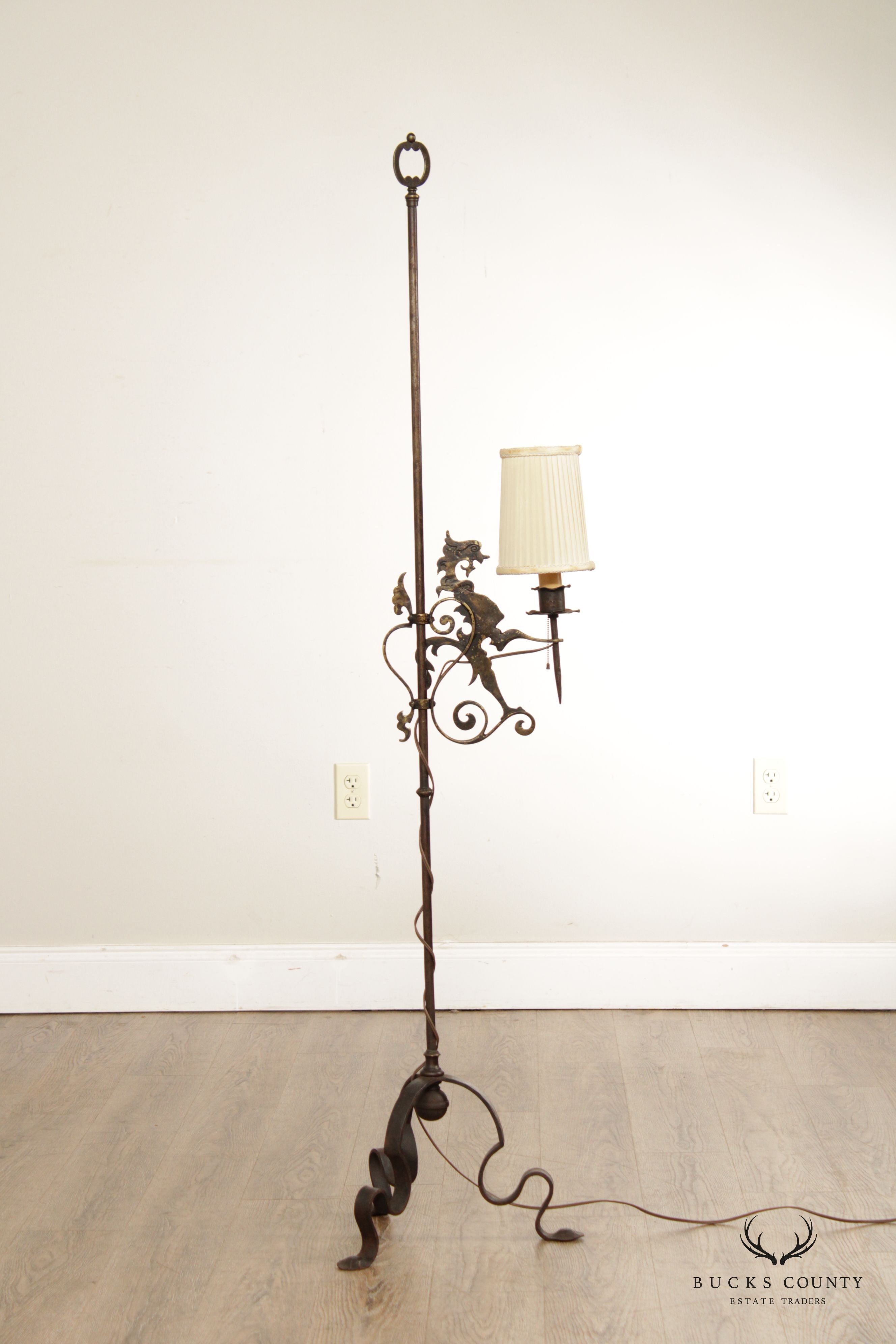 Antique Gothic Forged Iron and Gilt Floor Lamp