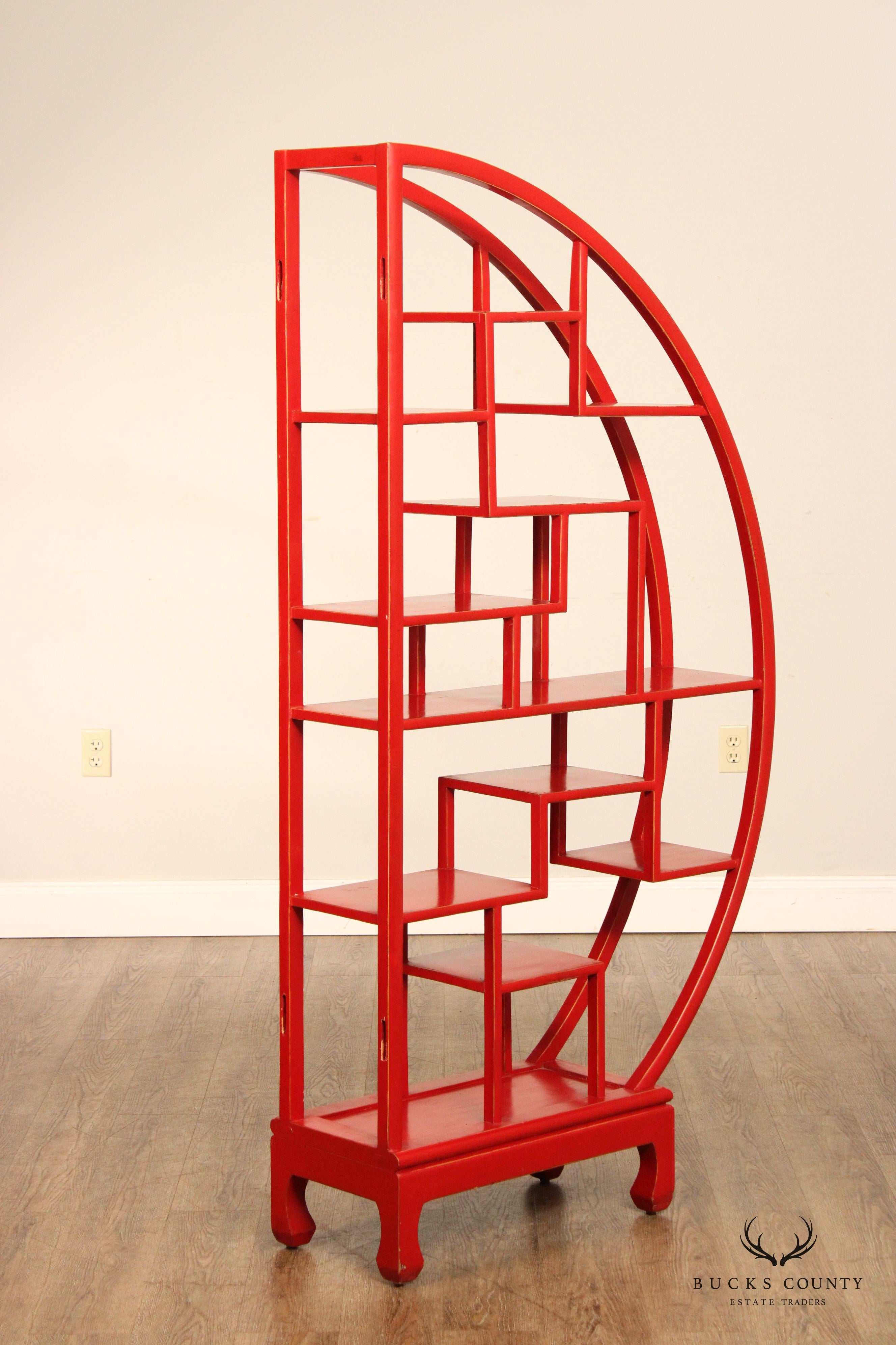 Asian Style Red Painted Round Two Part Room Divider Etagere