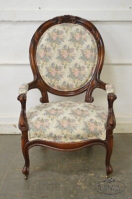 Victorian Revival Style Mahogany Cameo Back Parlor Arm Chair