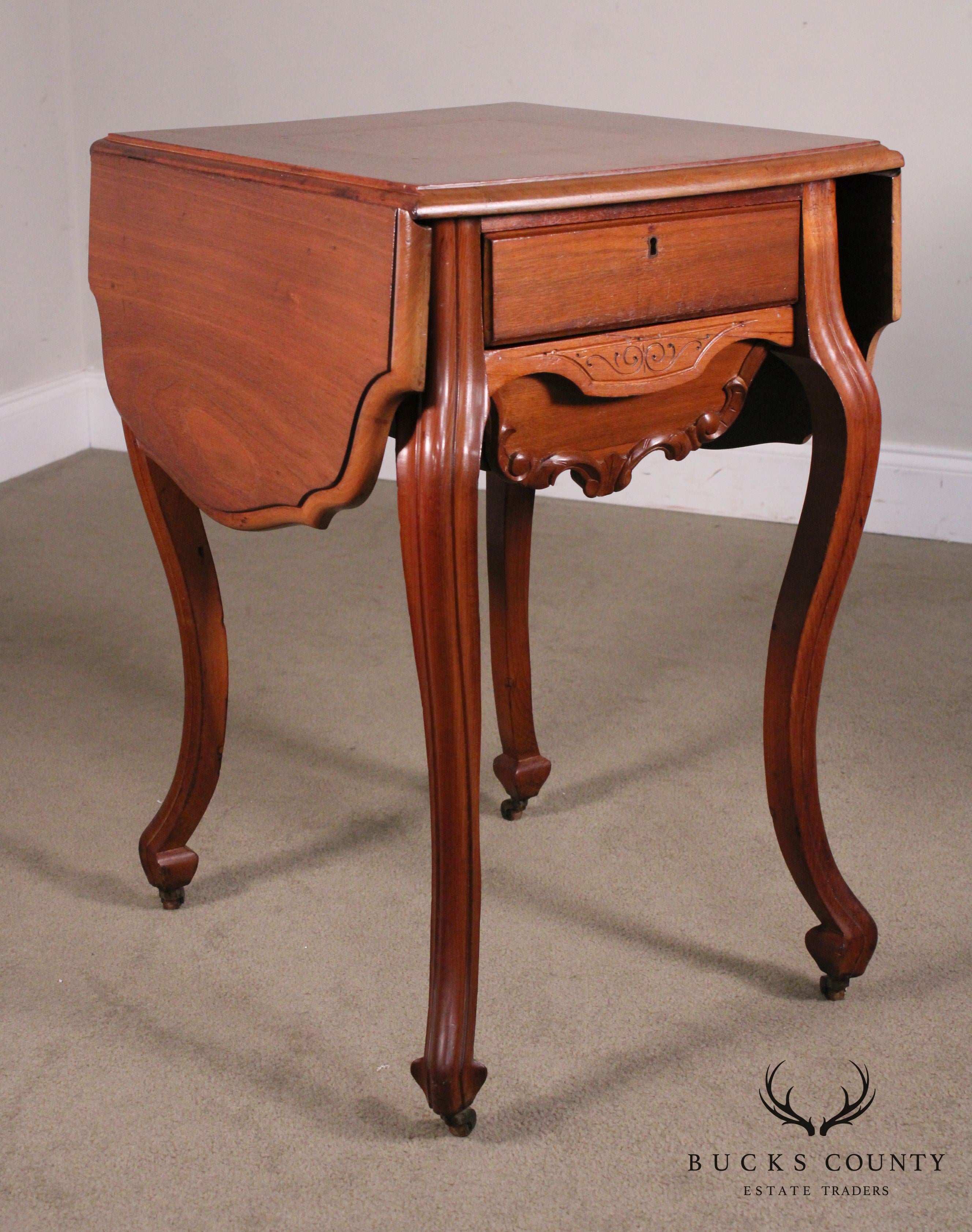 Antique Victorian Walnut Dropleaf Sewing Stand Side Table