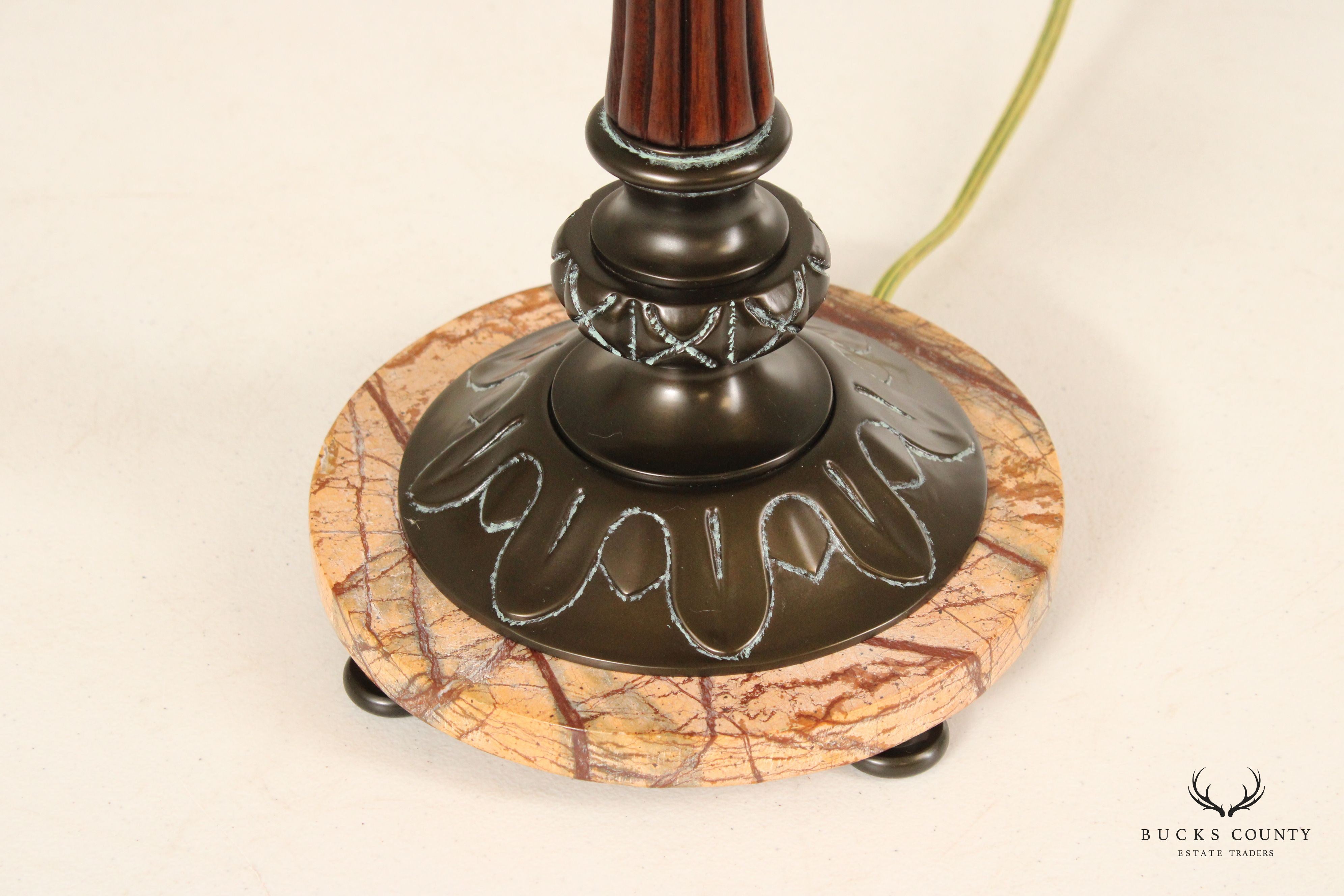 Traditional Bronze, Wood and Marble Candlestick Table Lamp