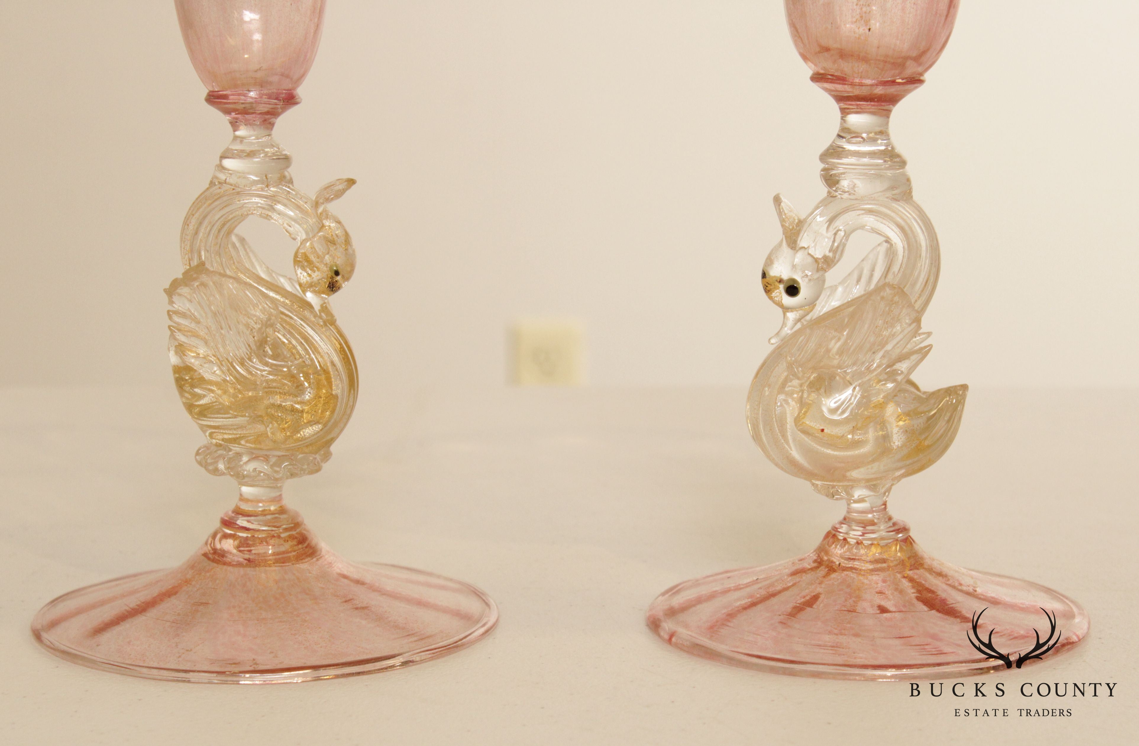 Antique Pair Hand Blown Venetian Salviati Glass Trompet Vases with Swans