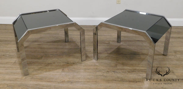 Mid Century Modern Chrome & Smoked Mirror Pair Side Tables