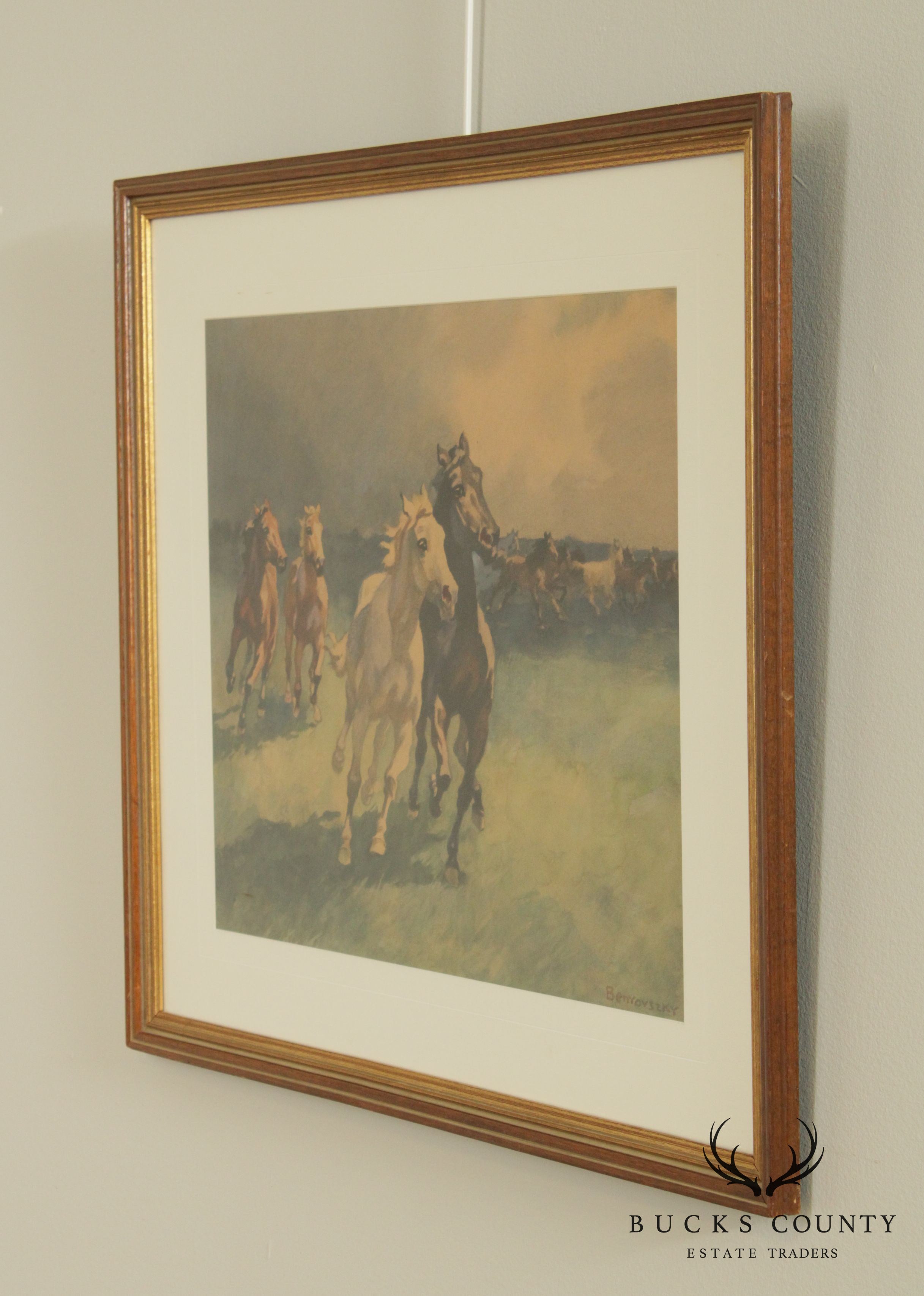 Mid Century Wild Horses Watercolor Painting by István Benyovszky