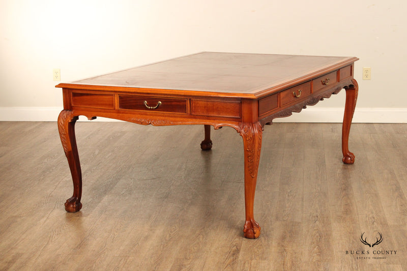 Chippendale Style Large Leather Top Mahogany Executive Partner's Desk