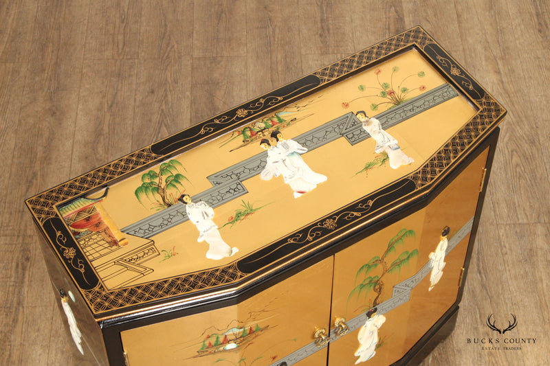 Chinoiserie Decorated Black and Gold Lacquer Glass Top Console Cabinet