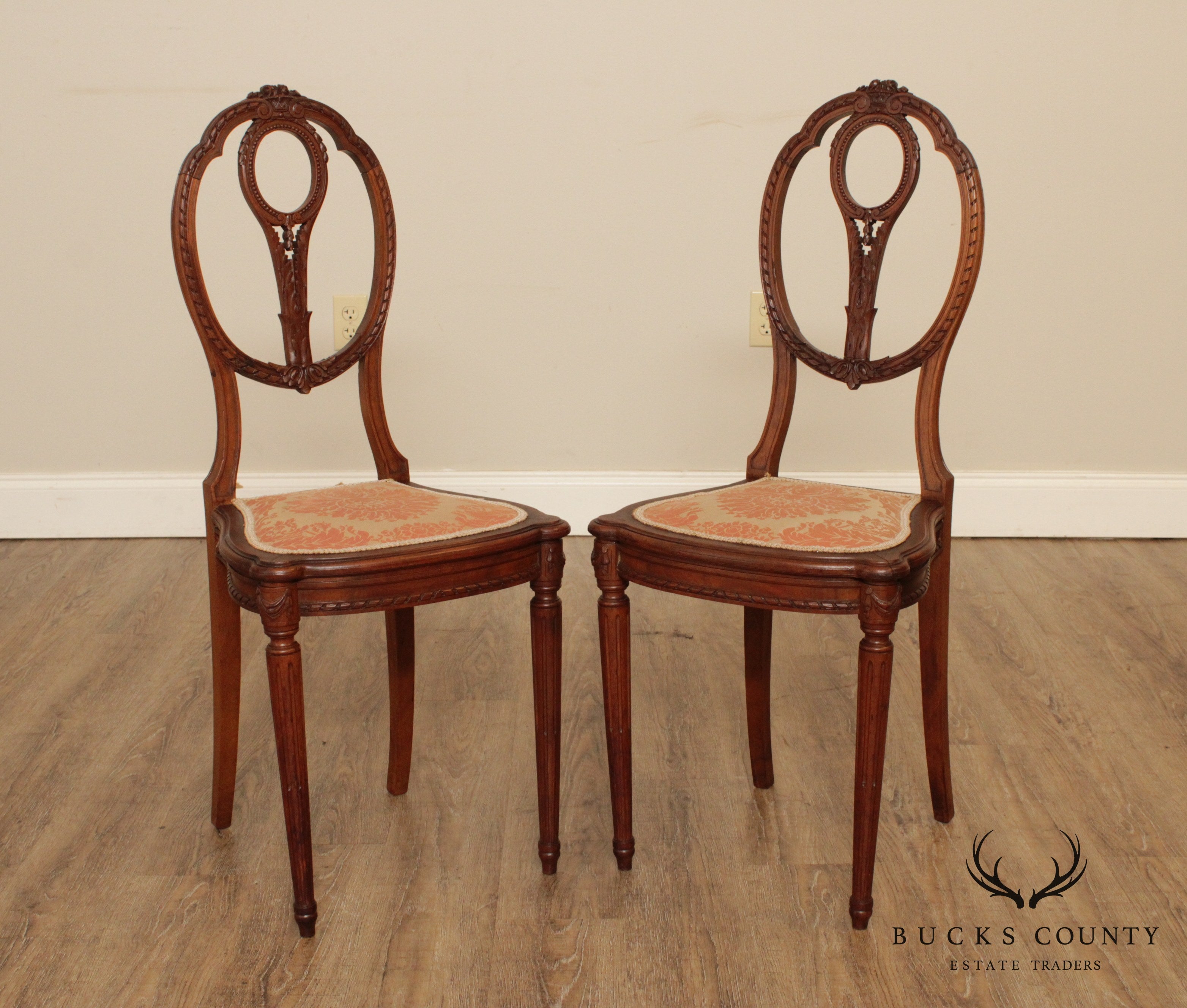 Antique Edwardian Period Pair Carved Walnut Side Chairs