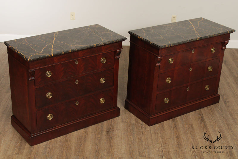 Henredon Empire Style Flame Mahogany Pair Marble Top Chests