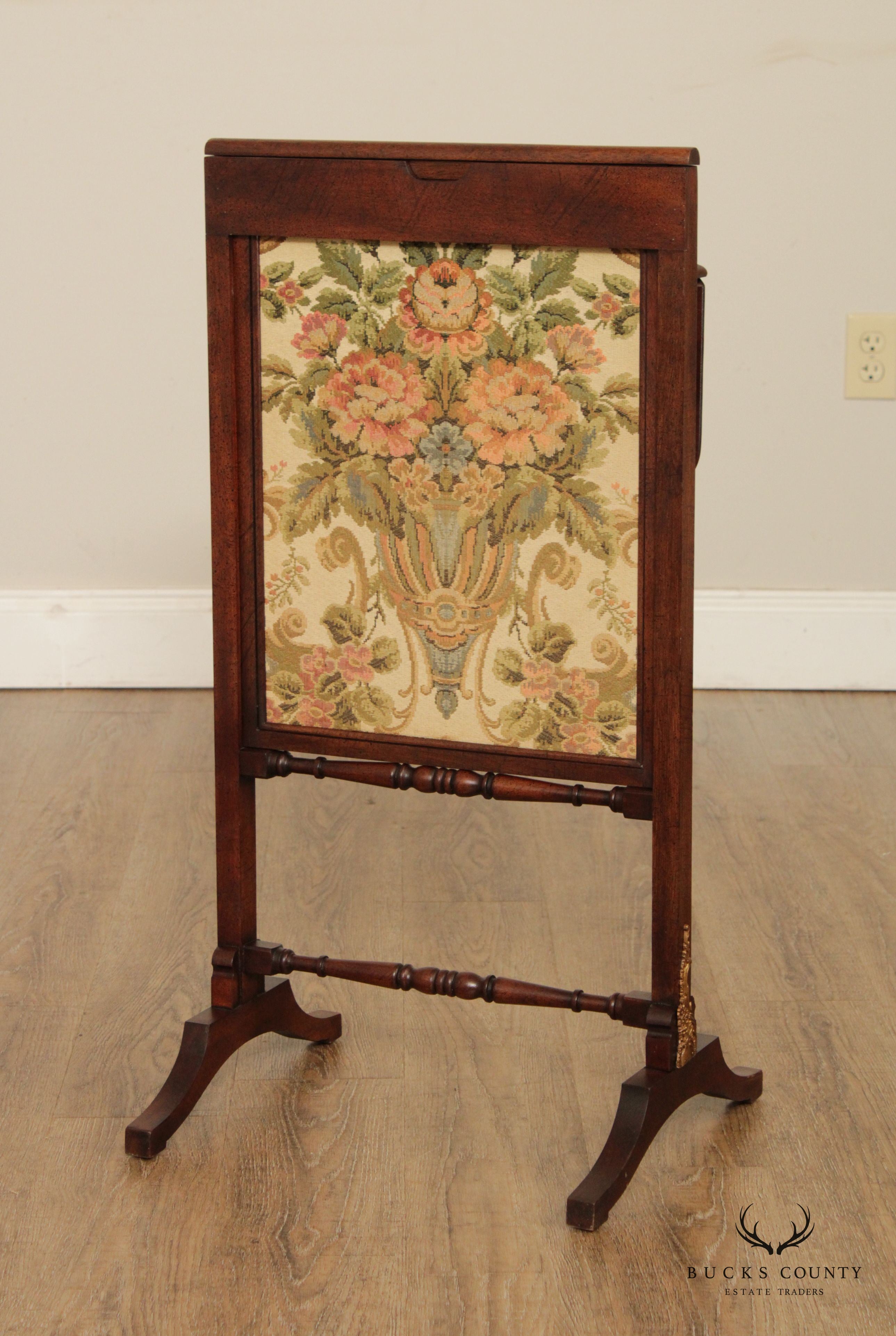 English Victorian Floral Needlepoint Fire Screen