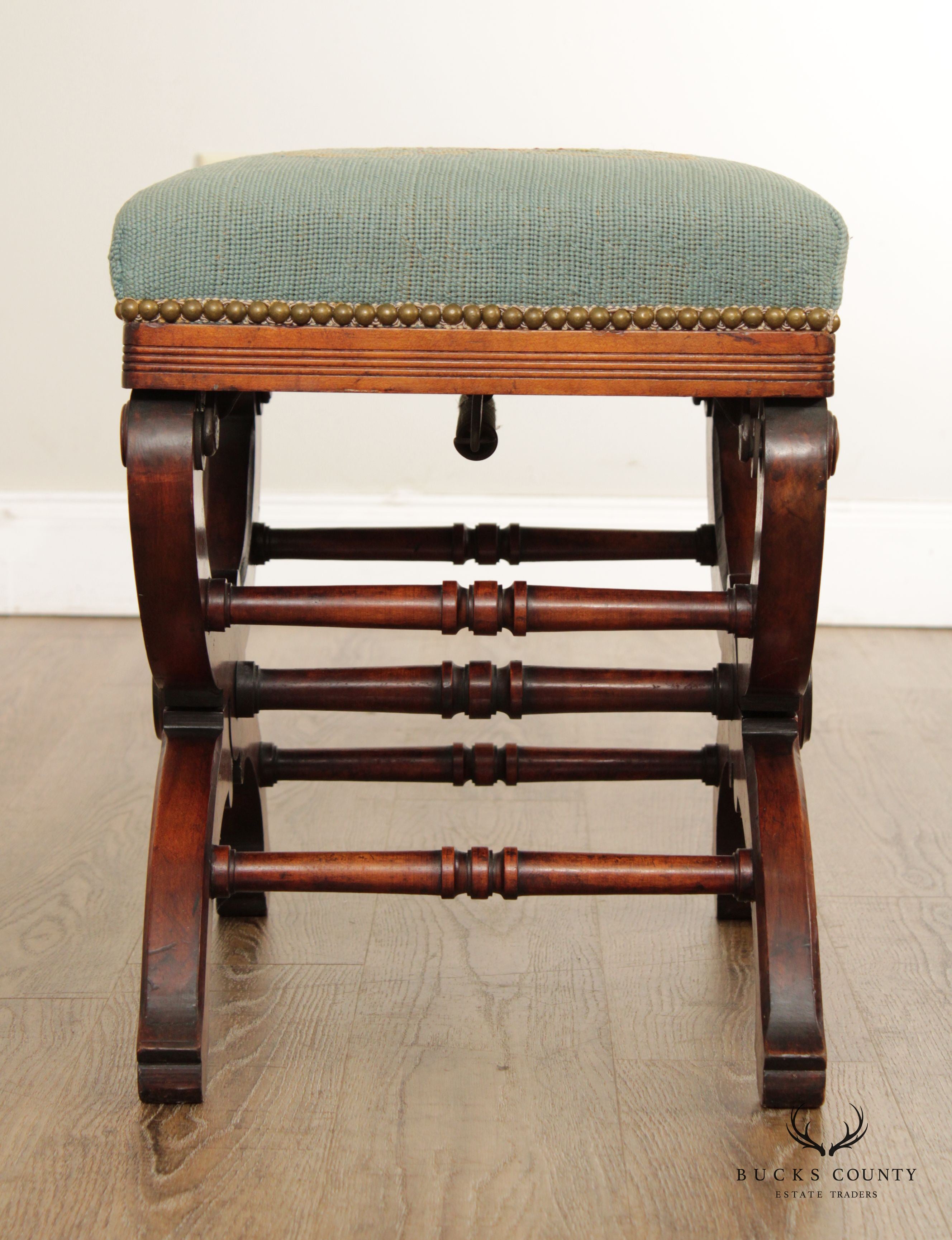 Antique 19th C. Victorian Walnut and Needlepoint Adjustable Bench