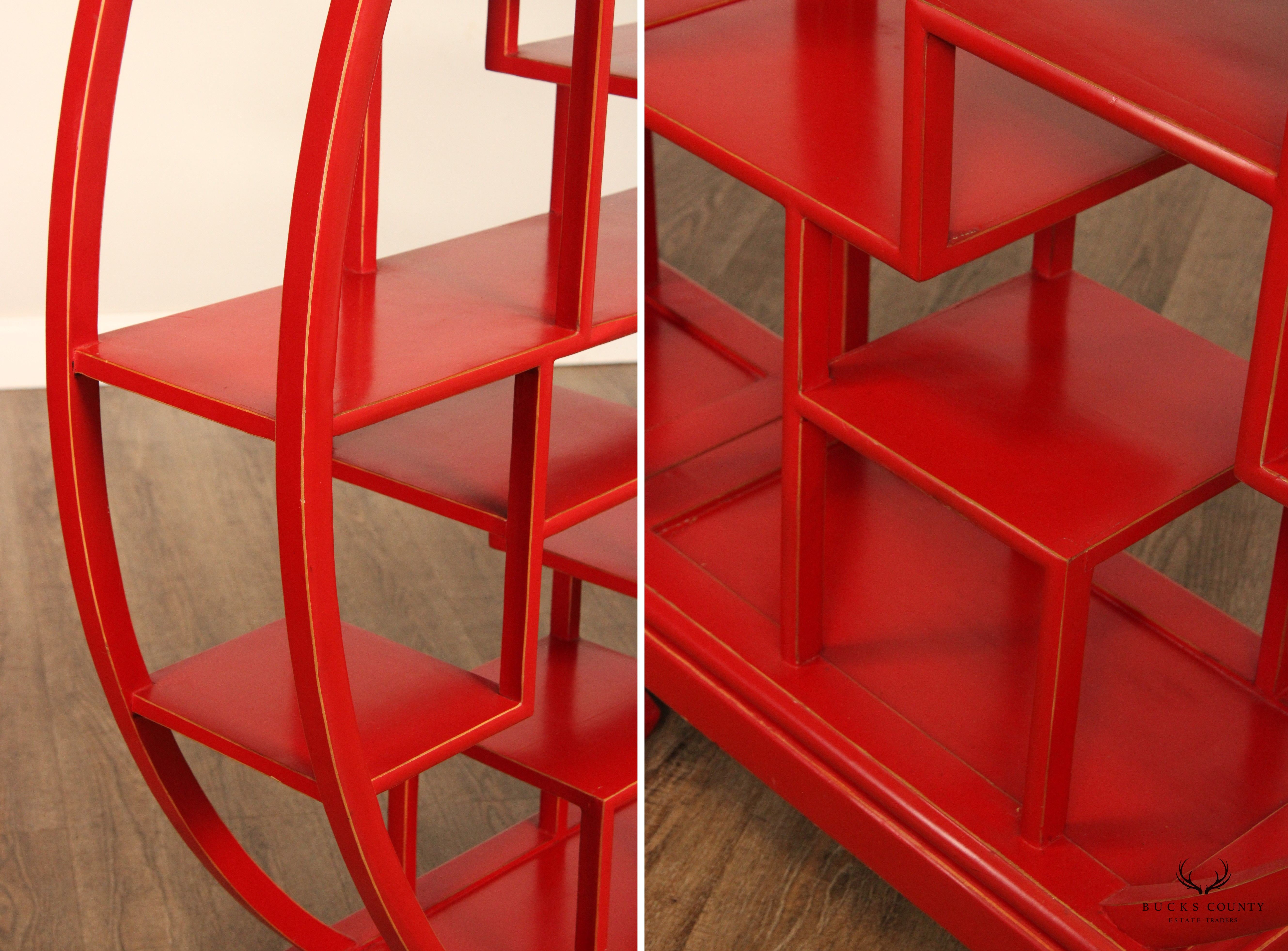 Asian Style Red Painted Round Two Part Room Divider Etagere