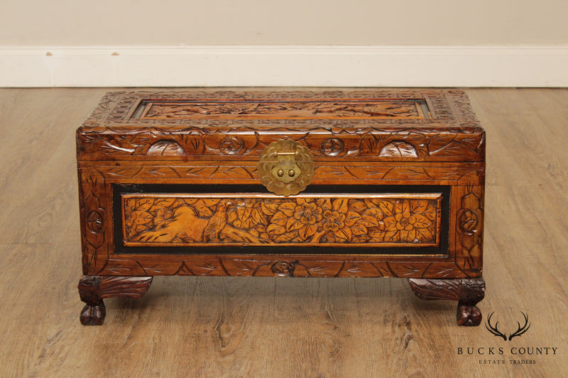 Vintage Asian Carved Wood Marriage Chest