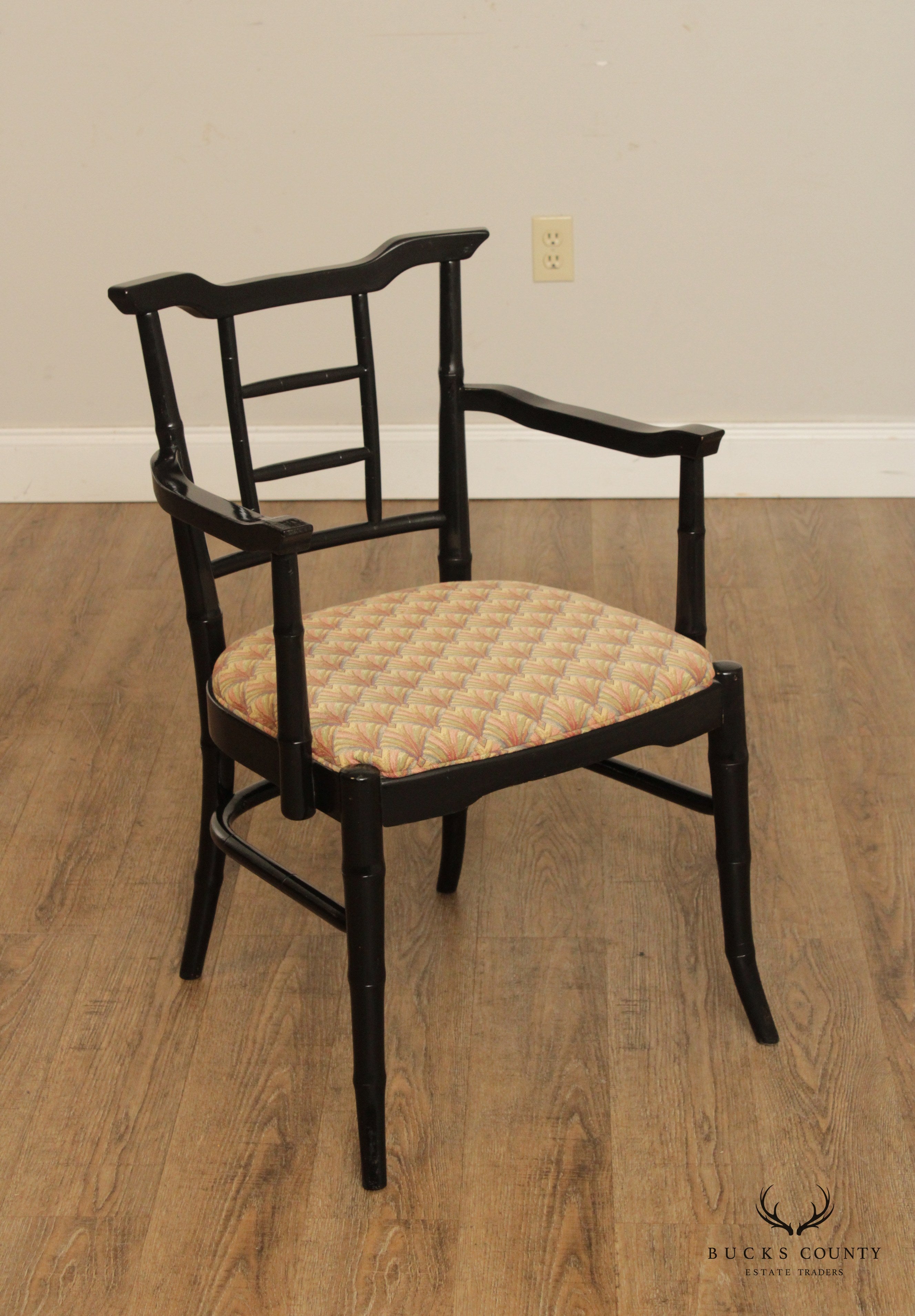 Mid Century Asian Style Faux Bamboo Pair of Lacquered Arm Chairs