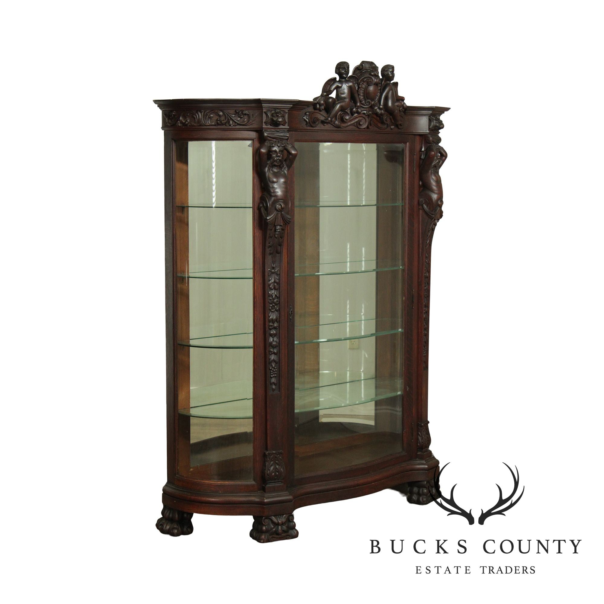 Horner Antique Oak Figural Carved Beveled Glass China Cabinet