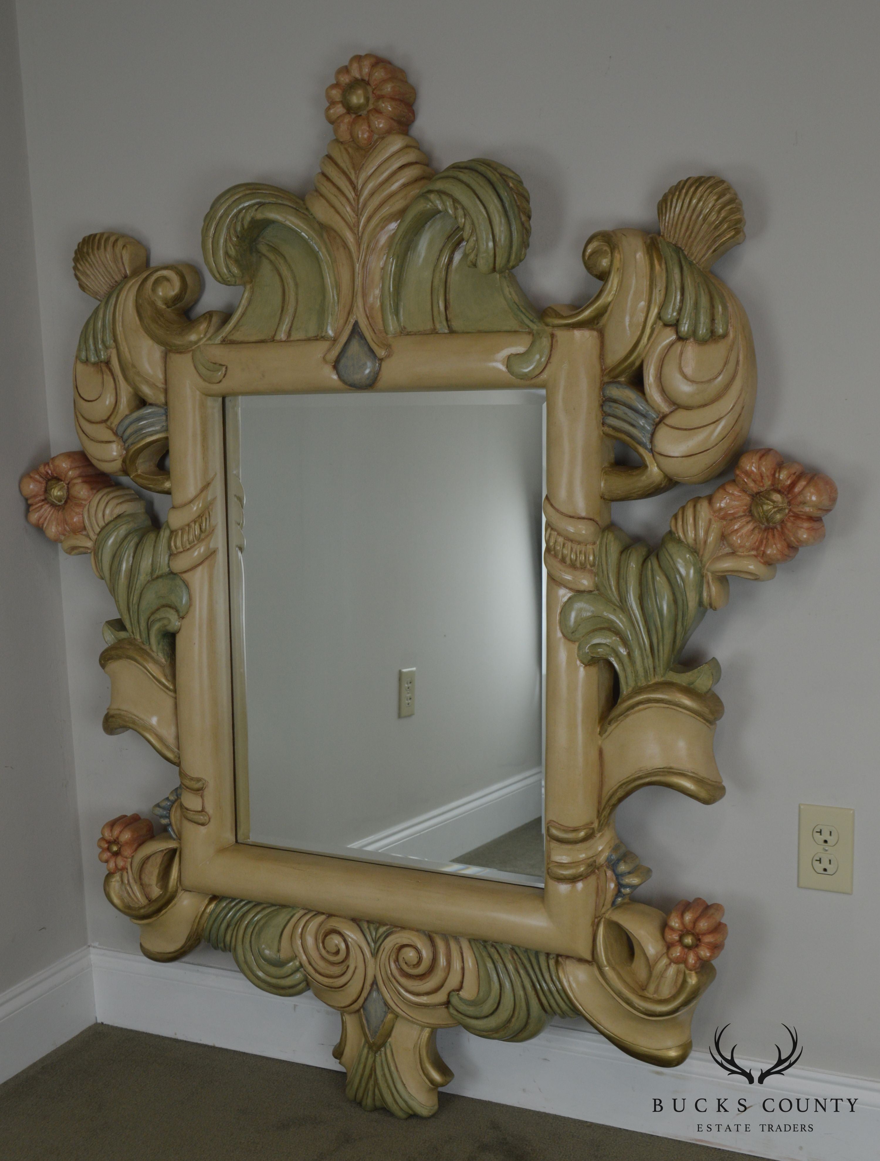 Quality Hand Painted Large Carved Wood Frame Beveled Wall Mirror