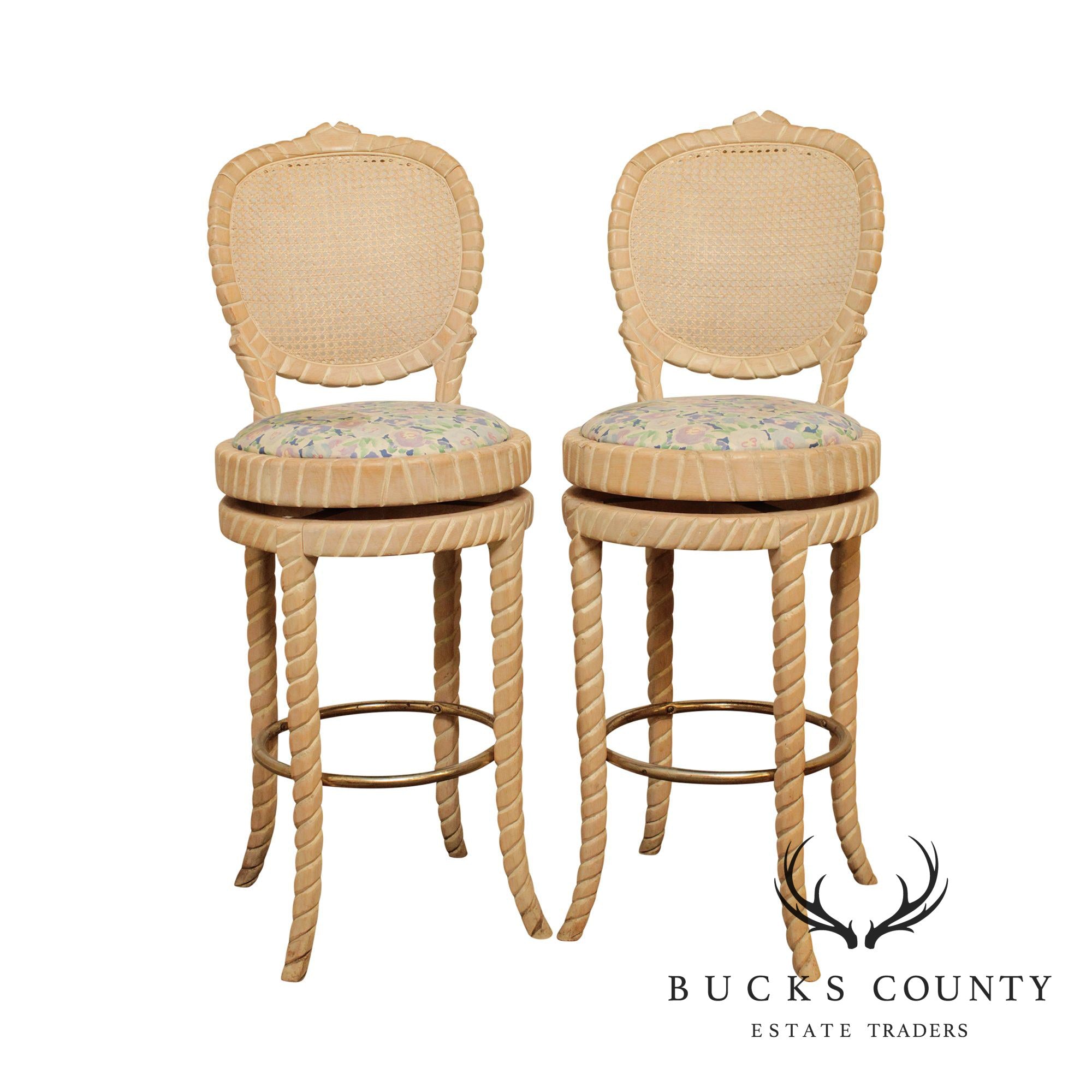 Quality Pair of Twisted Rope Knot Wood Bar Stools