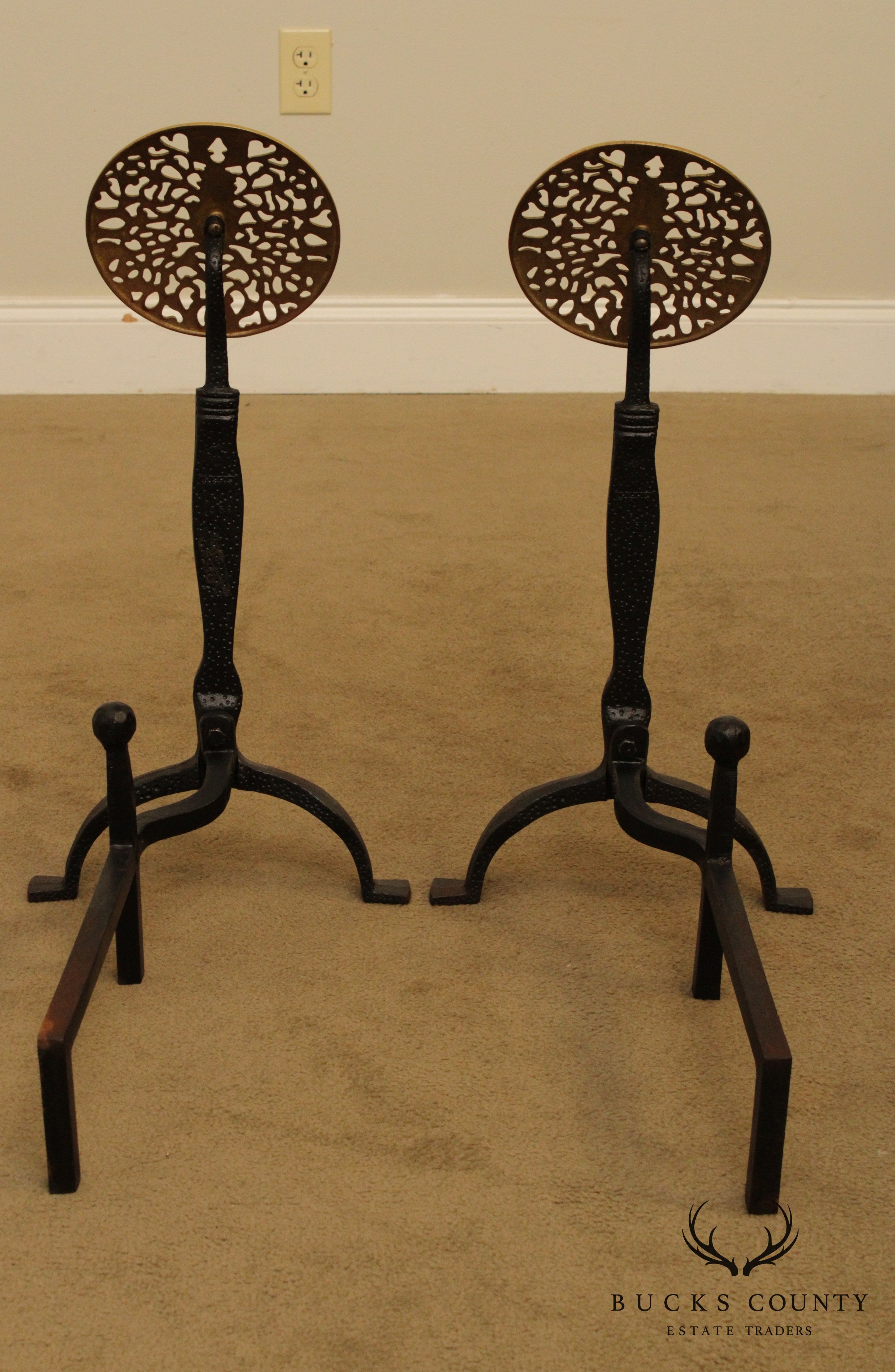 Virginia Metalcrafters Black Iron & Brass Medallion Andirons